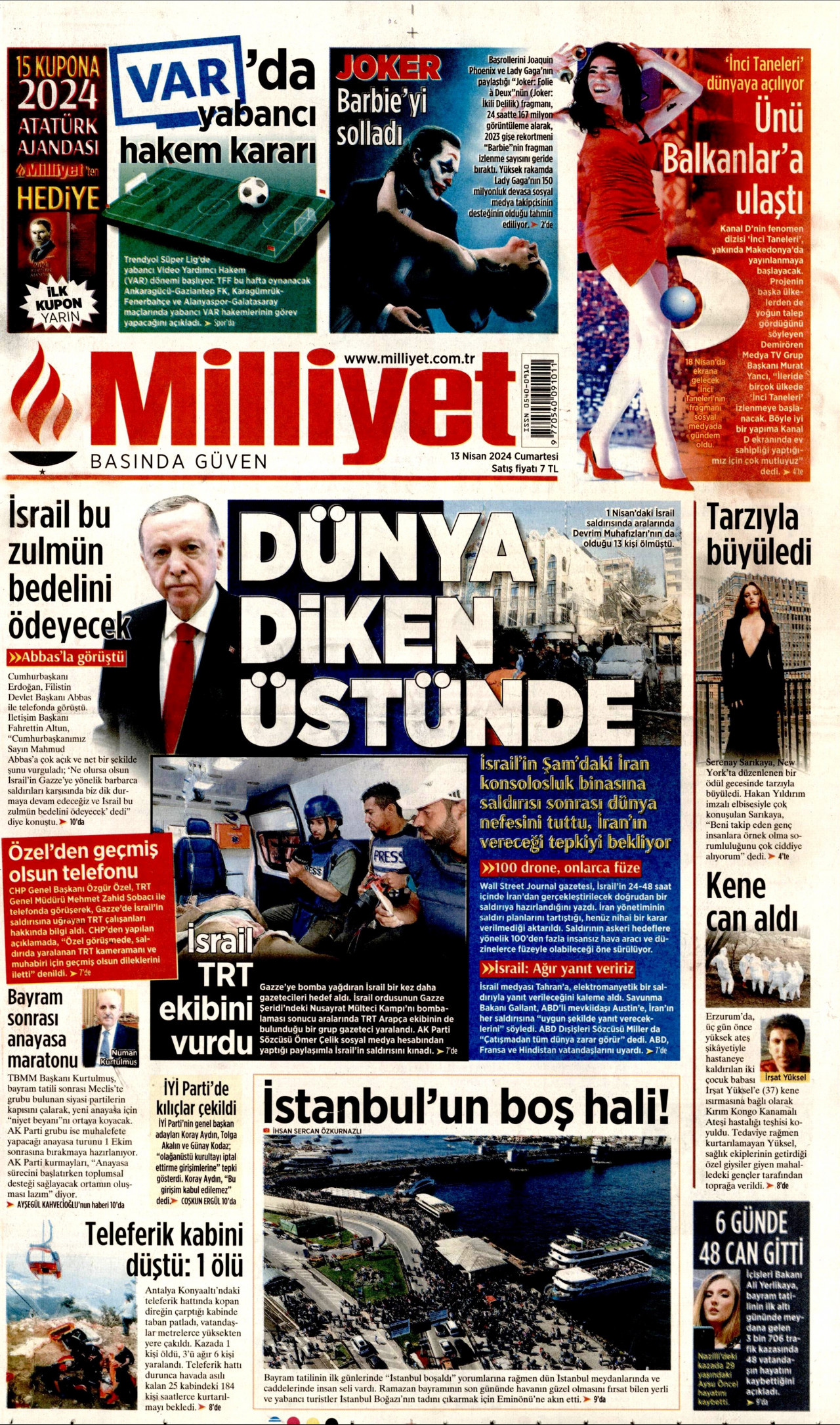 MİLLİYET 13 Nisan 2024 Gazete Manşeti Büyük