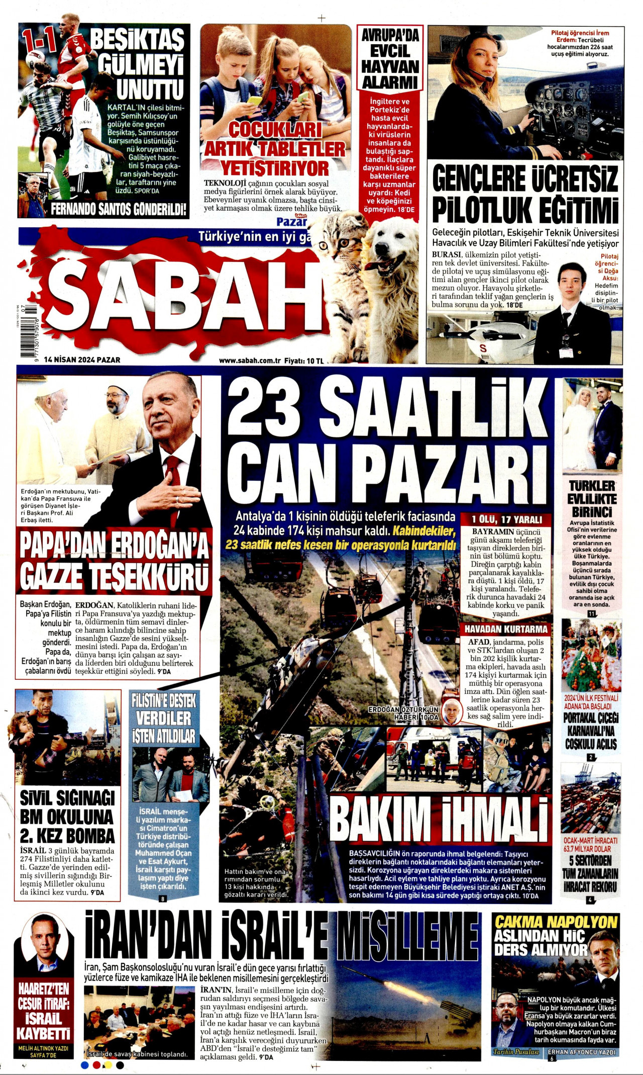 SABAH 14 Nisan 2024 Gazete Manşeti Büyük