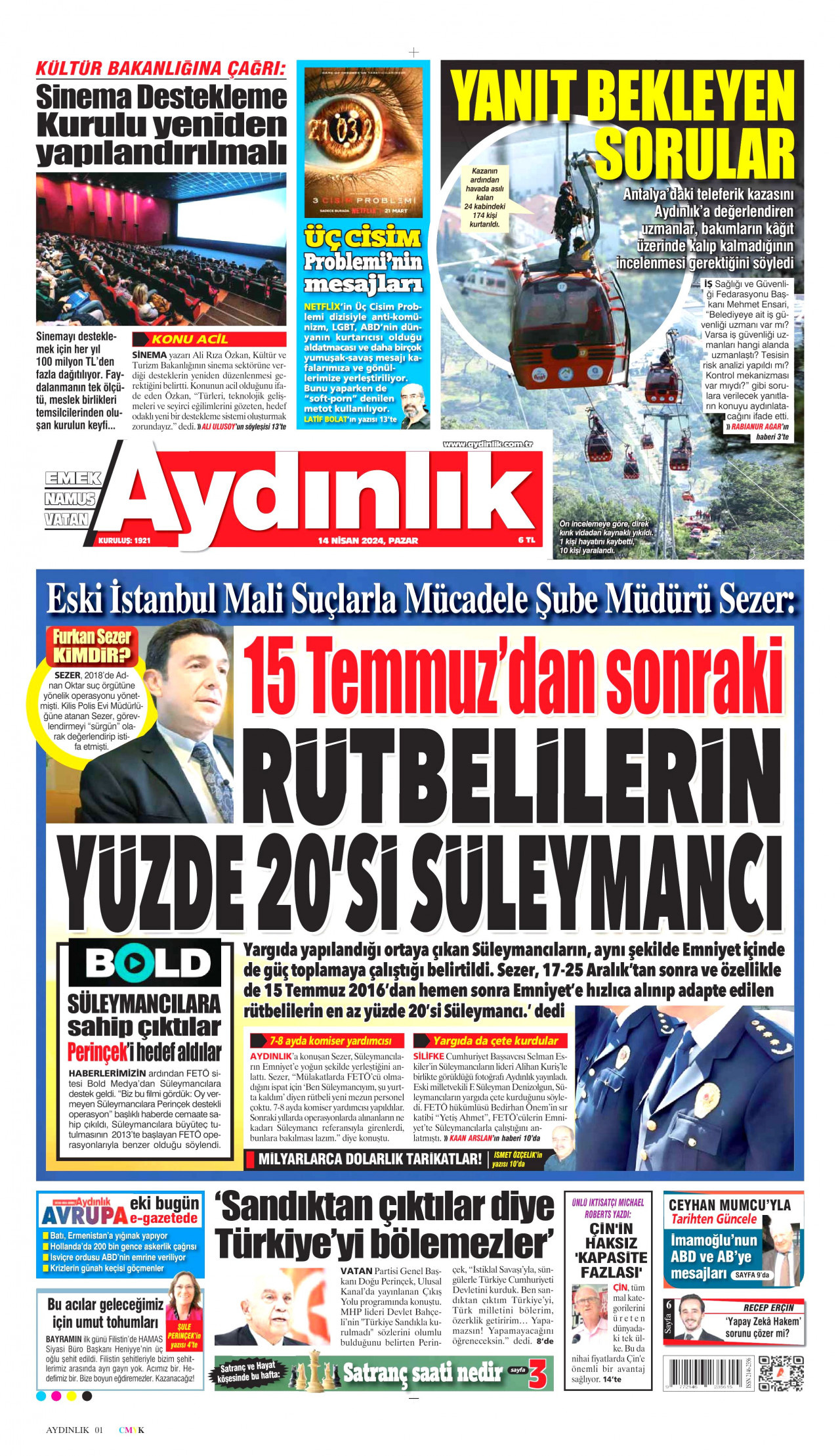 AYDINLIK GAZETESİ 14 Nisan 2024 Gazete Manşeti Büyük