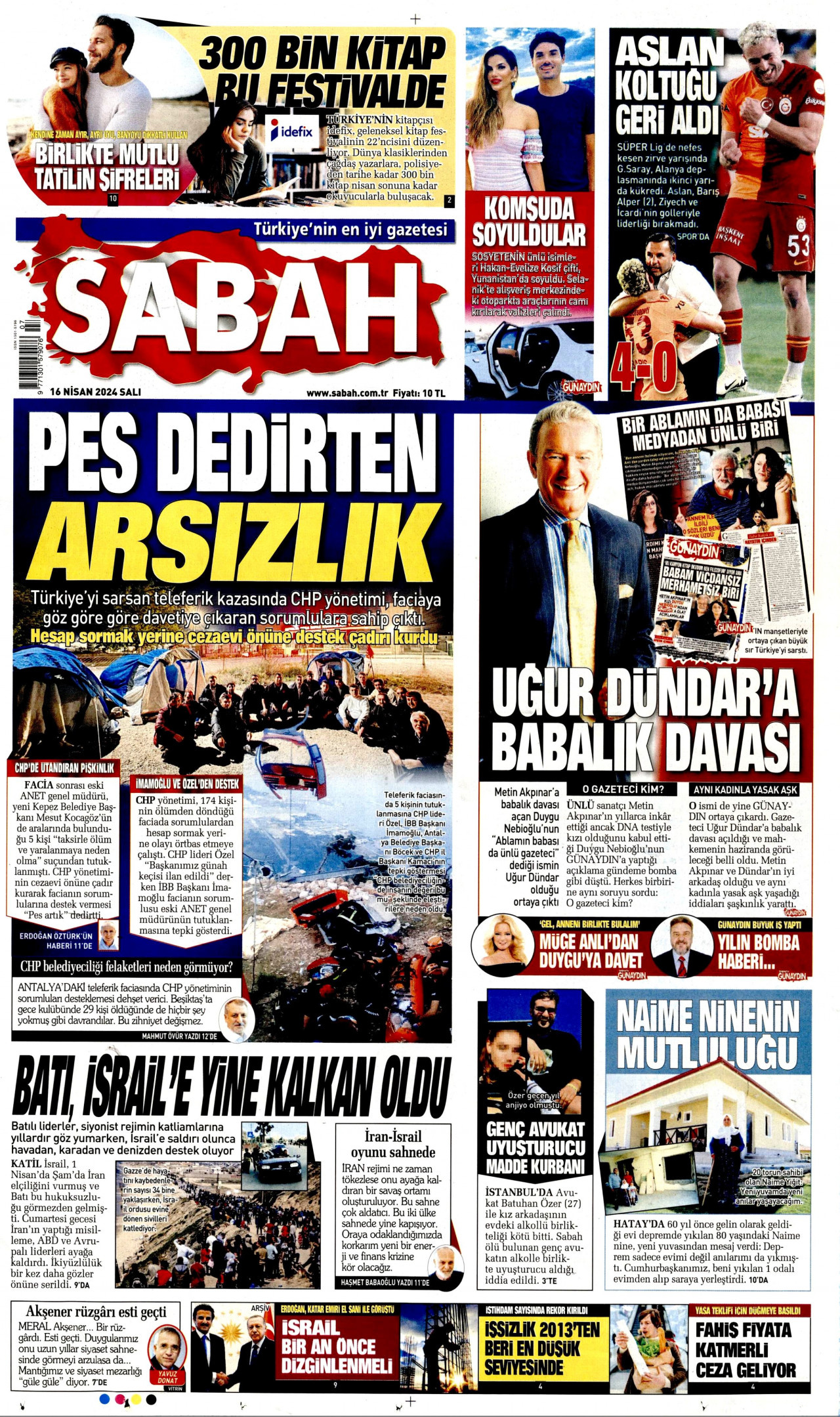 SABAH 16 Nisan 2024 Gazete Manşeti Büyük