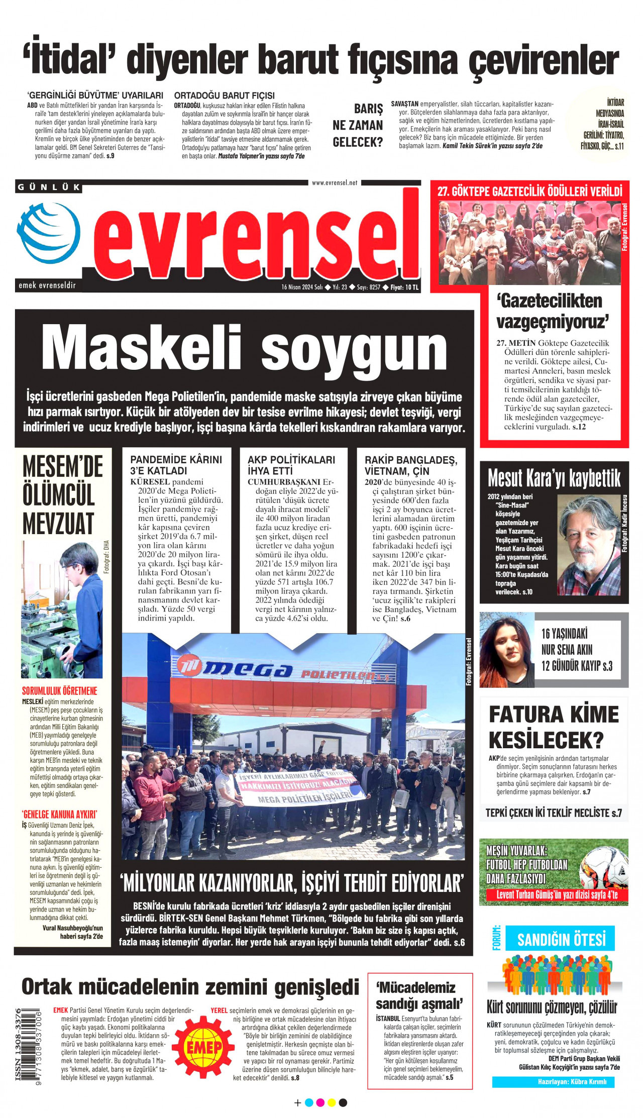 EVRENSEL 16 Nisan 2024 Gazete Manşeti Büyük