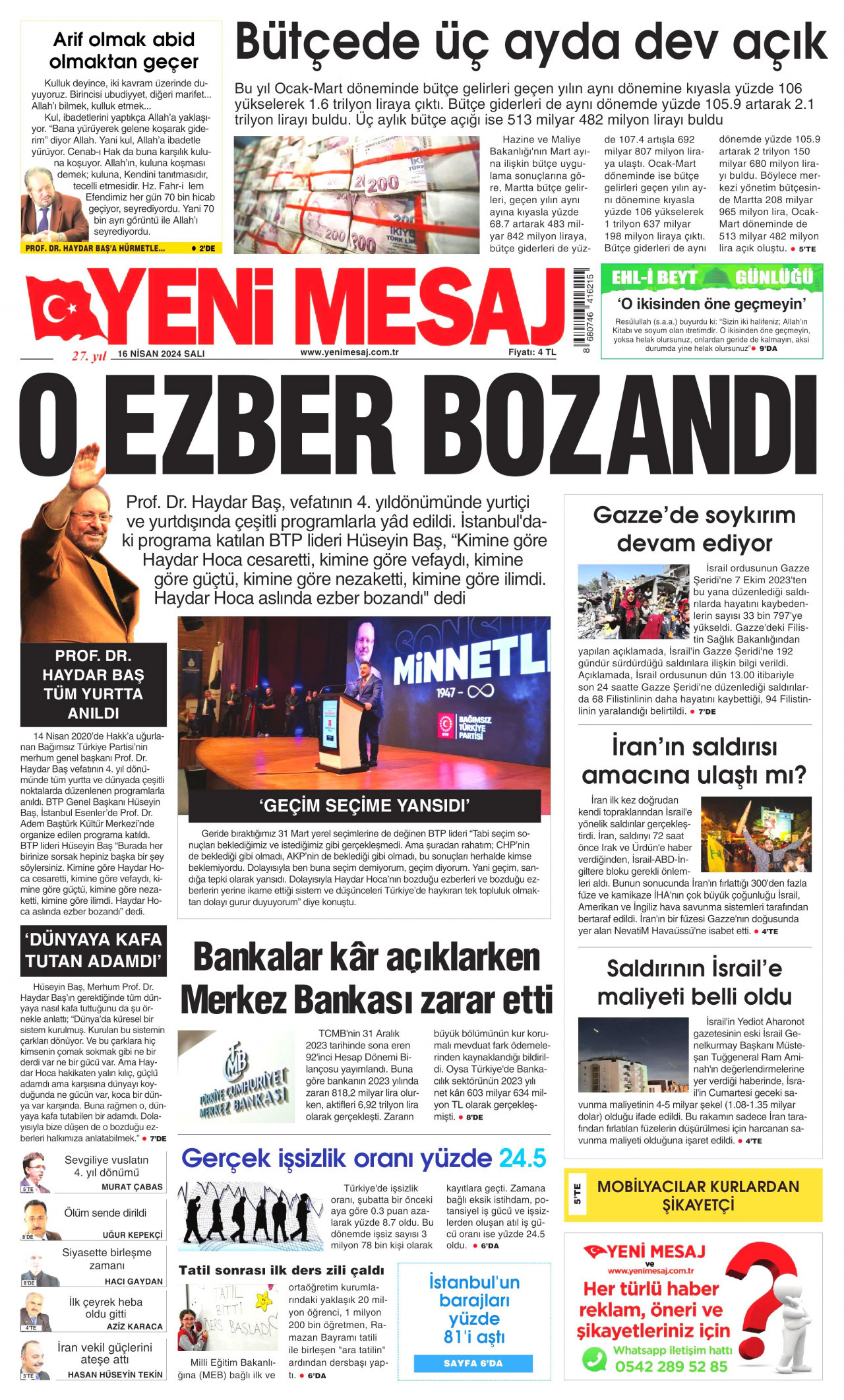 YENİ MESAJ 16 Nisan 2024 Gazete Manşeti Büyük