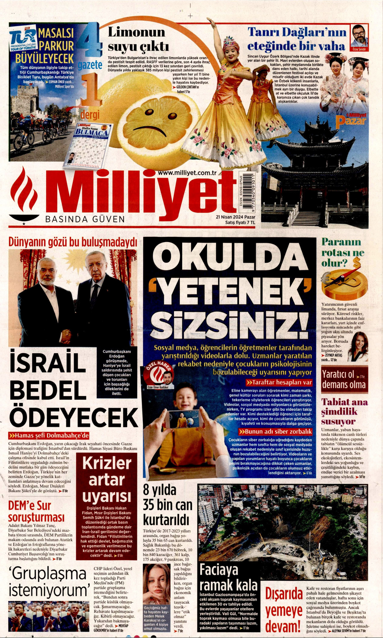 MİLLİYET 21 Nisan 2024 Gazete Manşeti Büyük