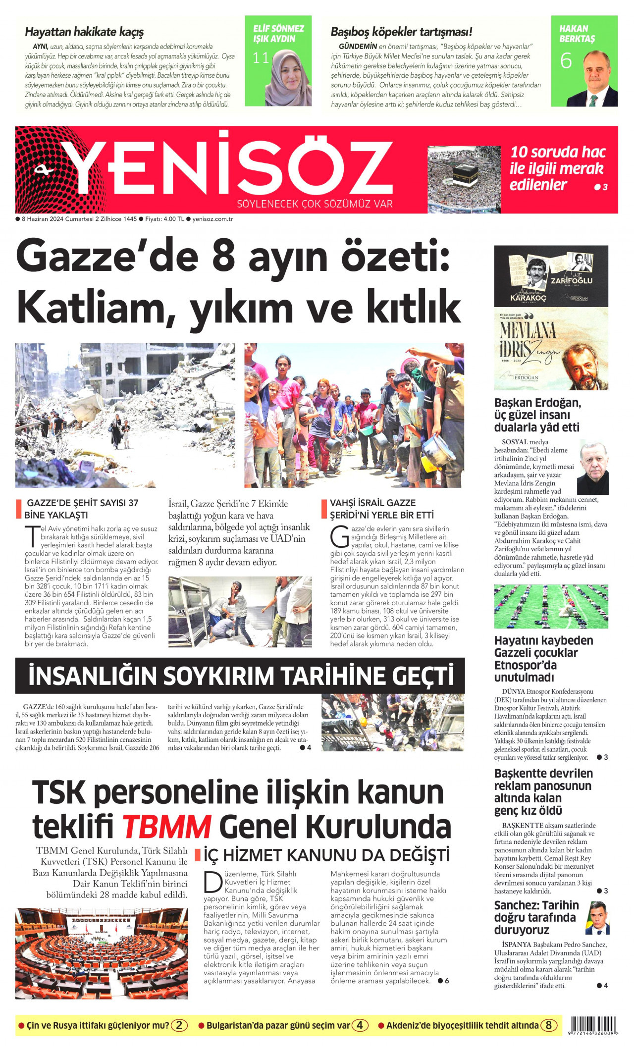 YENİ SÖZ GAZETESİ 8 Haziran 2024 Gazete Manşeti Büyük