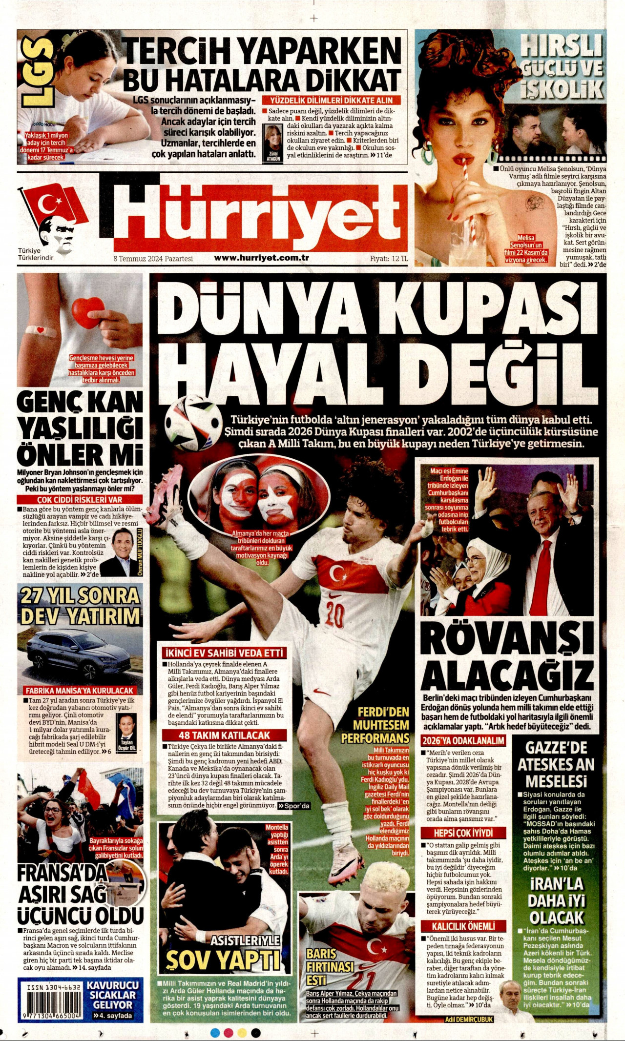 HÜRRİYET 8 Temmuz 2024 Gazete Manşeti Büyük