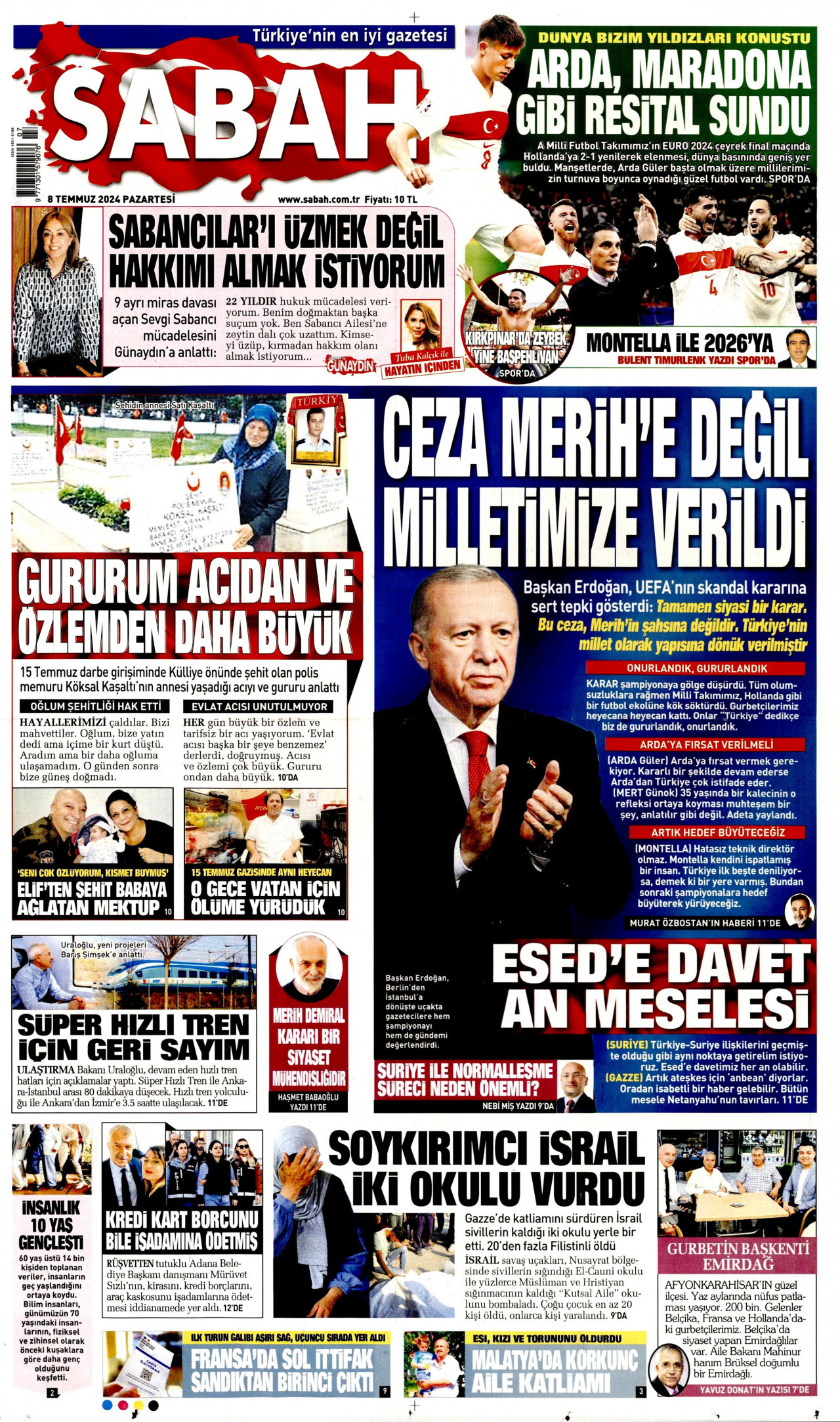 SABAH 8 Temmuz 2024 Gazete Manşeti Büyük