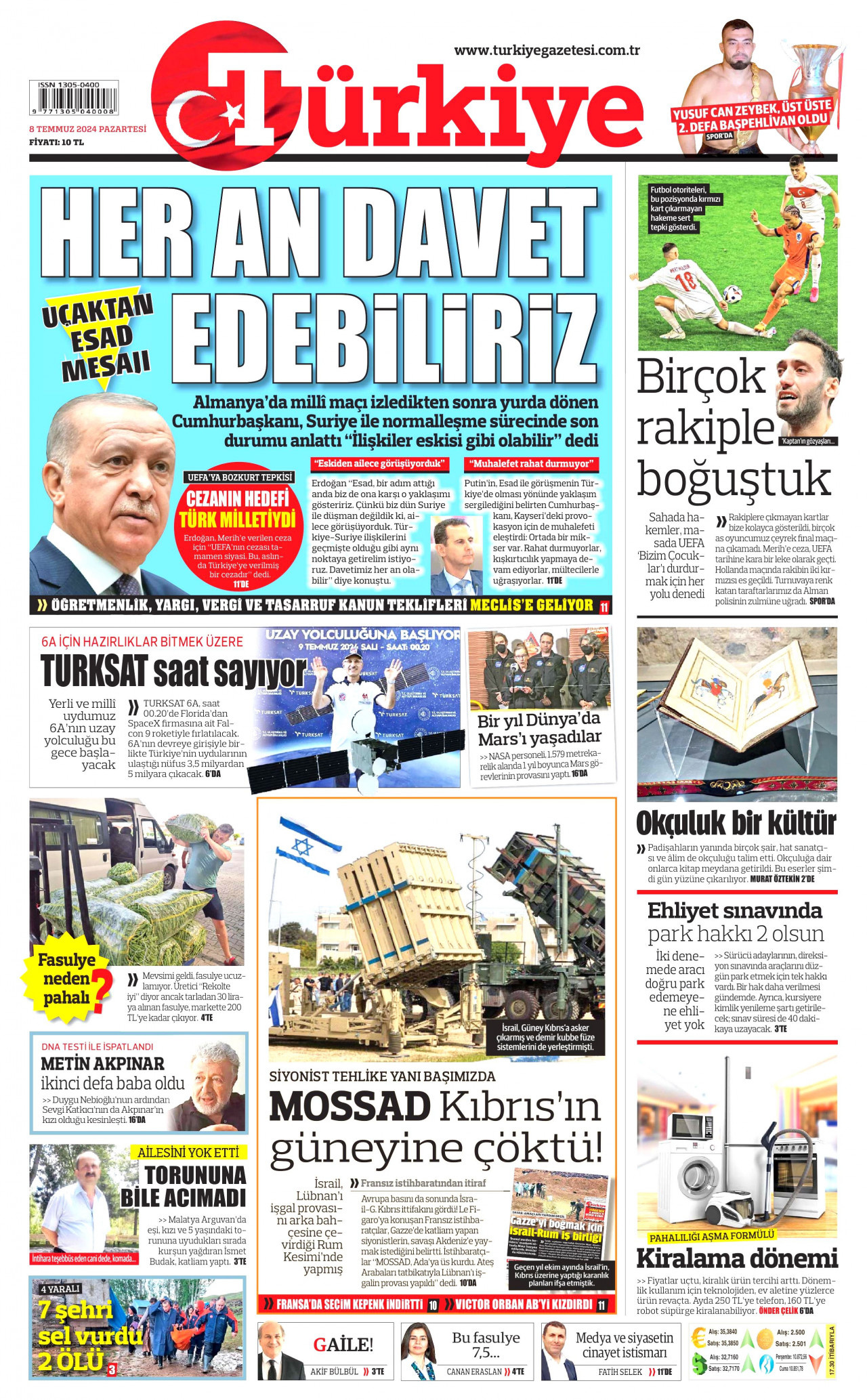 TÜRKİYE GAZETESİ 8 Temmuz 2024 Gazete Manşeti Büyük