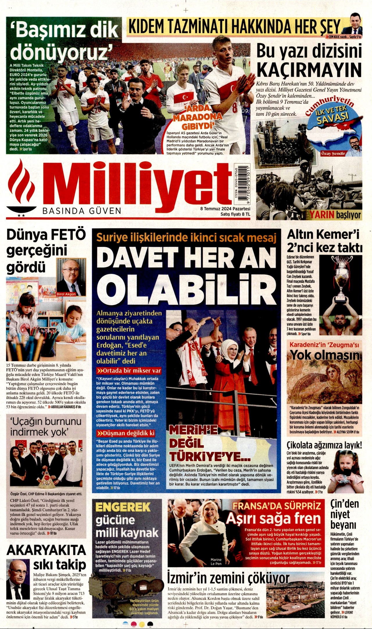 MİLLİYET 8 Temmuz 2024 Gazete Manşeti Büyük