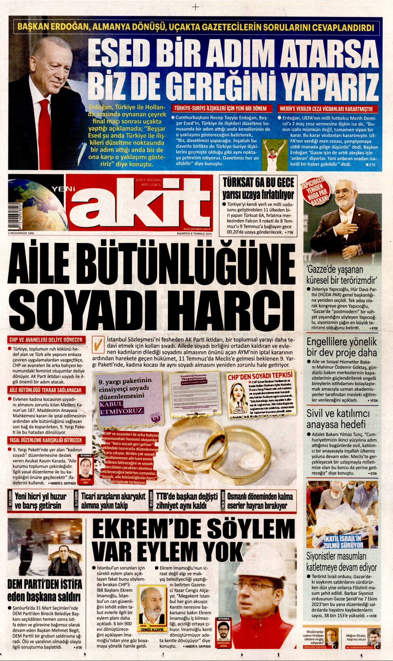 YENİ AKİT 8 Temmuz 2024 Gazete Manşeti Büyük