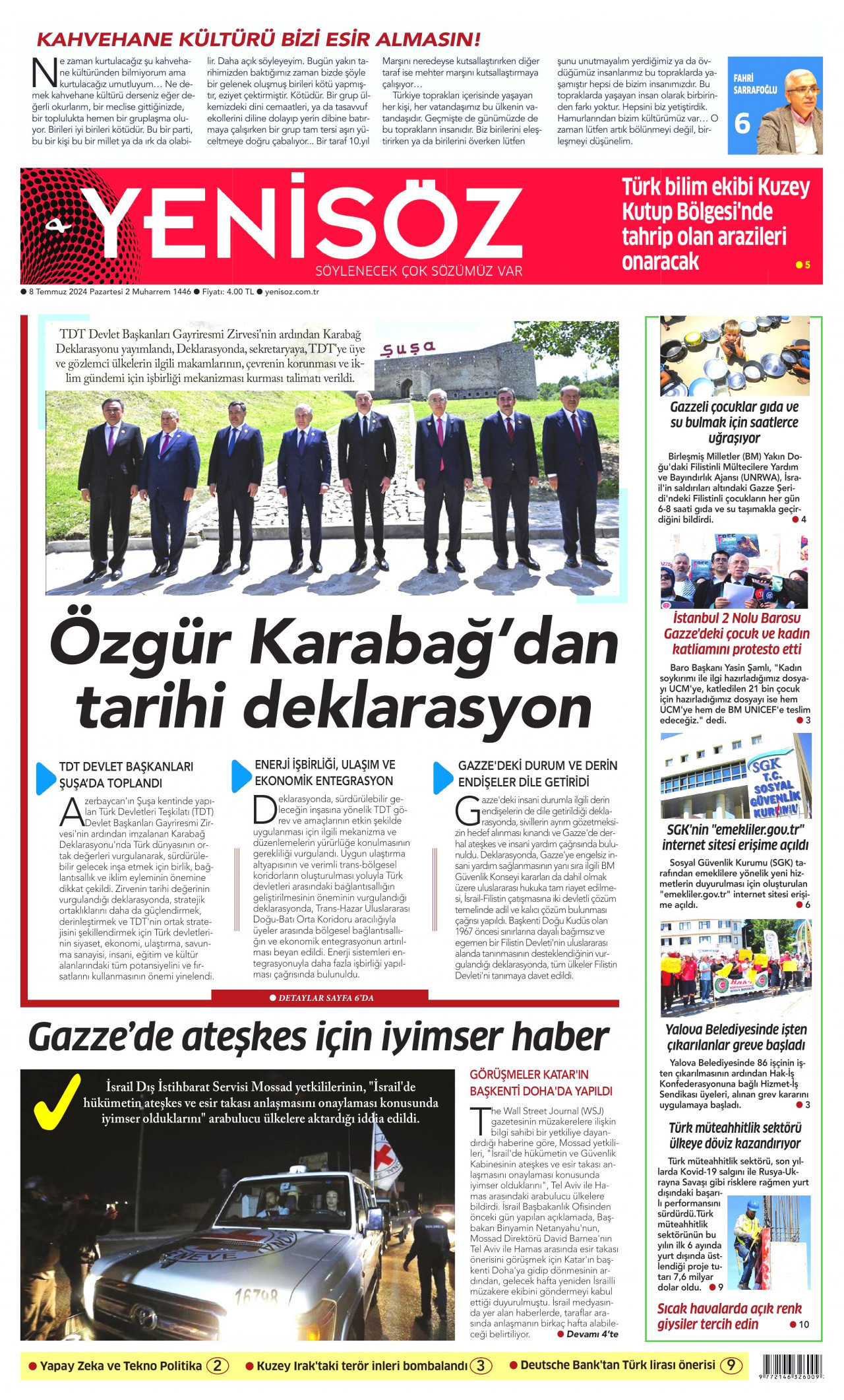 YENİ SÖZ GAZETESİ 8 Temmuz 2024 Gazete Manşeti Büyük