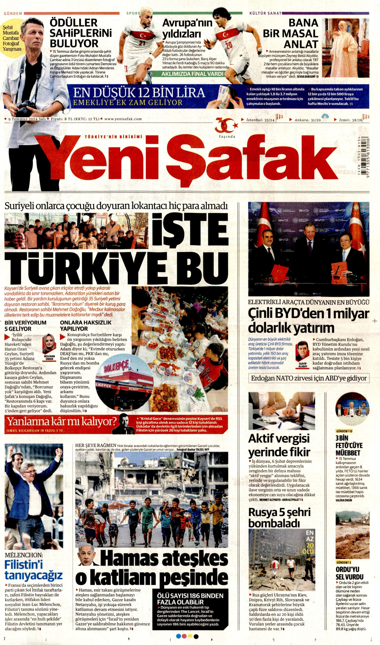 YENİ ŞAFAK 9 Temmuz 2024 Gazete Manşeti Büyük