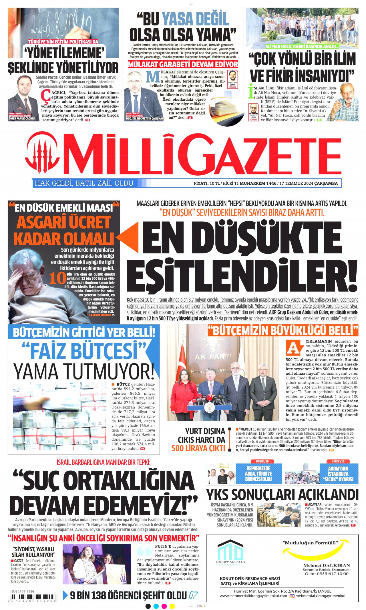 MİLLİ GAZETE 17 Temmuz 2024 Gazete Manşeti Büyük