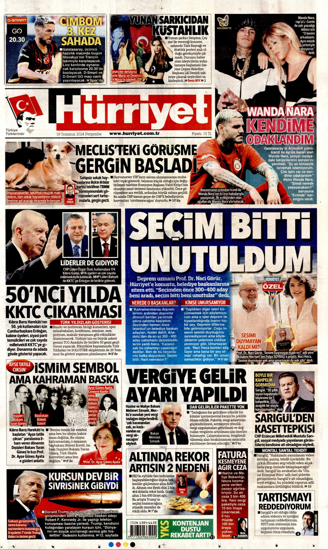 HÜRRİYET 18 Temmuz 2024 Gazete Manşeti Büyük