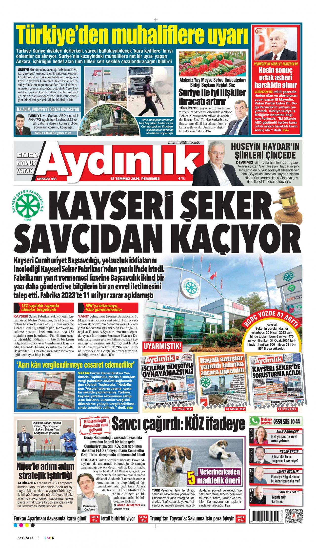 AYDINLIK GAZETESİ 18 Temmuz 2024 Gazete Manşeti Büyük