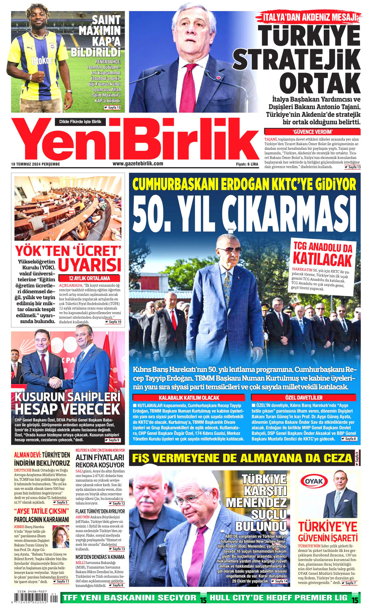 YENİBİRLİK 18 Temmuz 2024 Gazete Manşeti Büyük