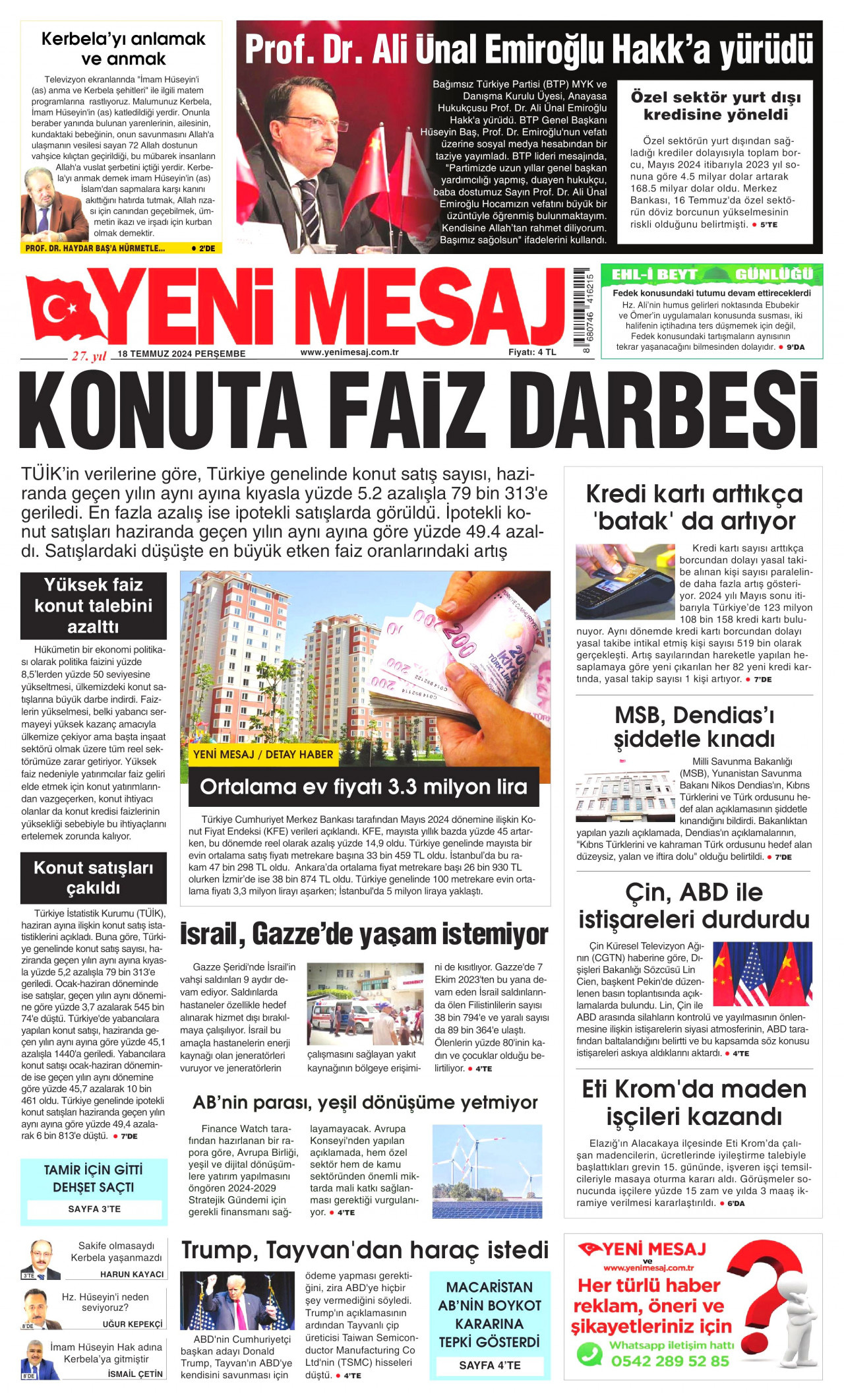 YENİ MESAJ 18 Temmuz 2024 Gazete Manşeti Büyük