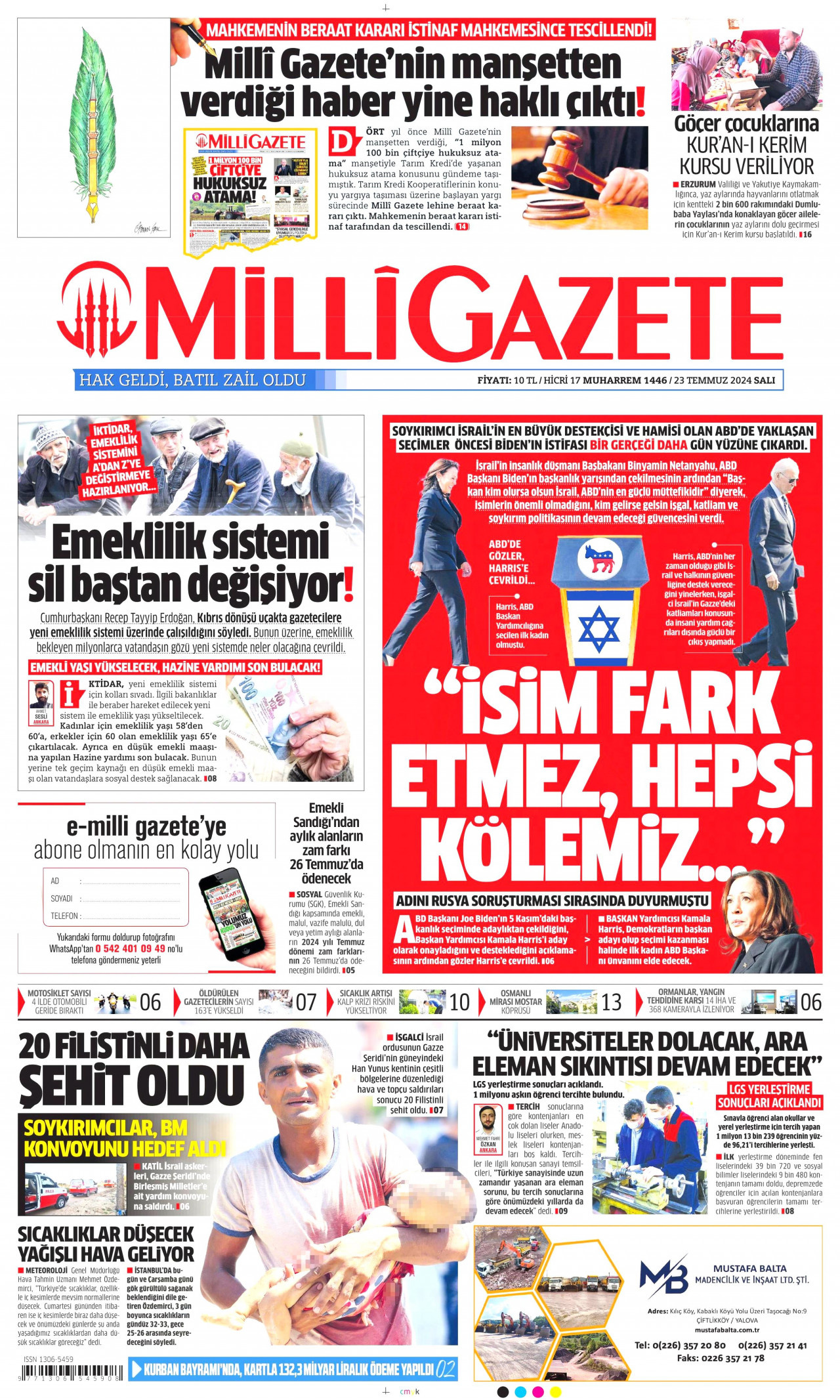 MİLLİ GAZETE 23 Temmuz 2024 Gazete Manşeti Büyük