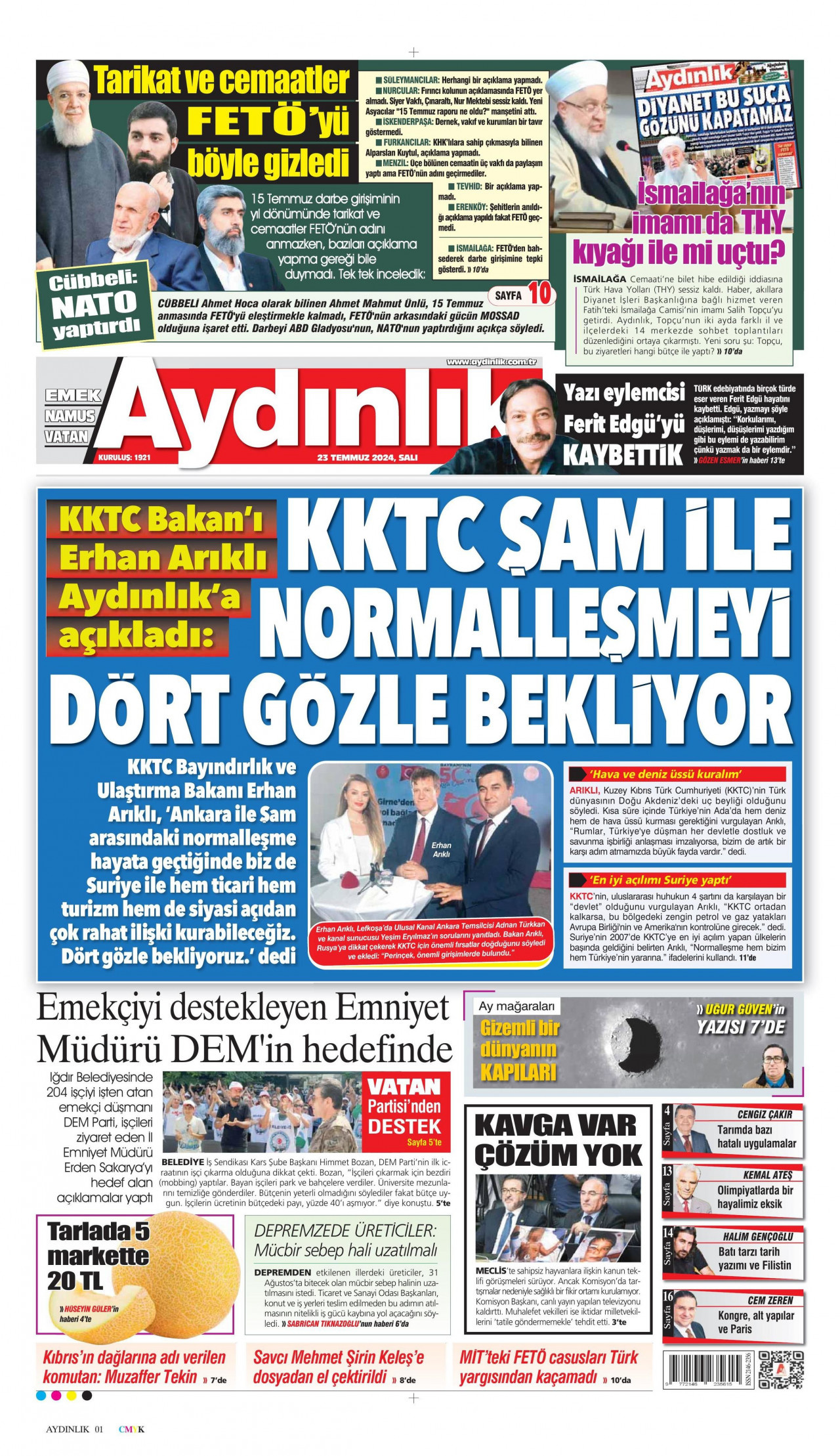 AYDINLIK GAZETESİ 23 Temmuz 2024 Gazete Manşeti Büyük