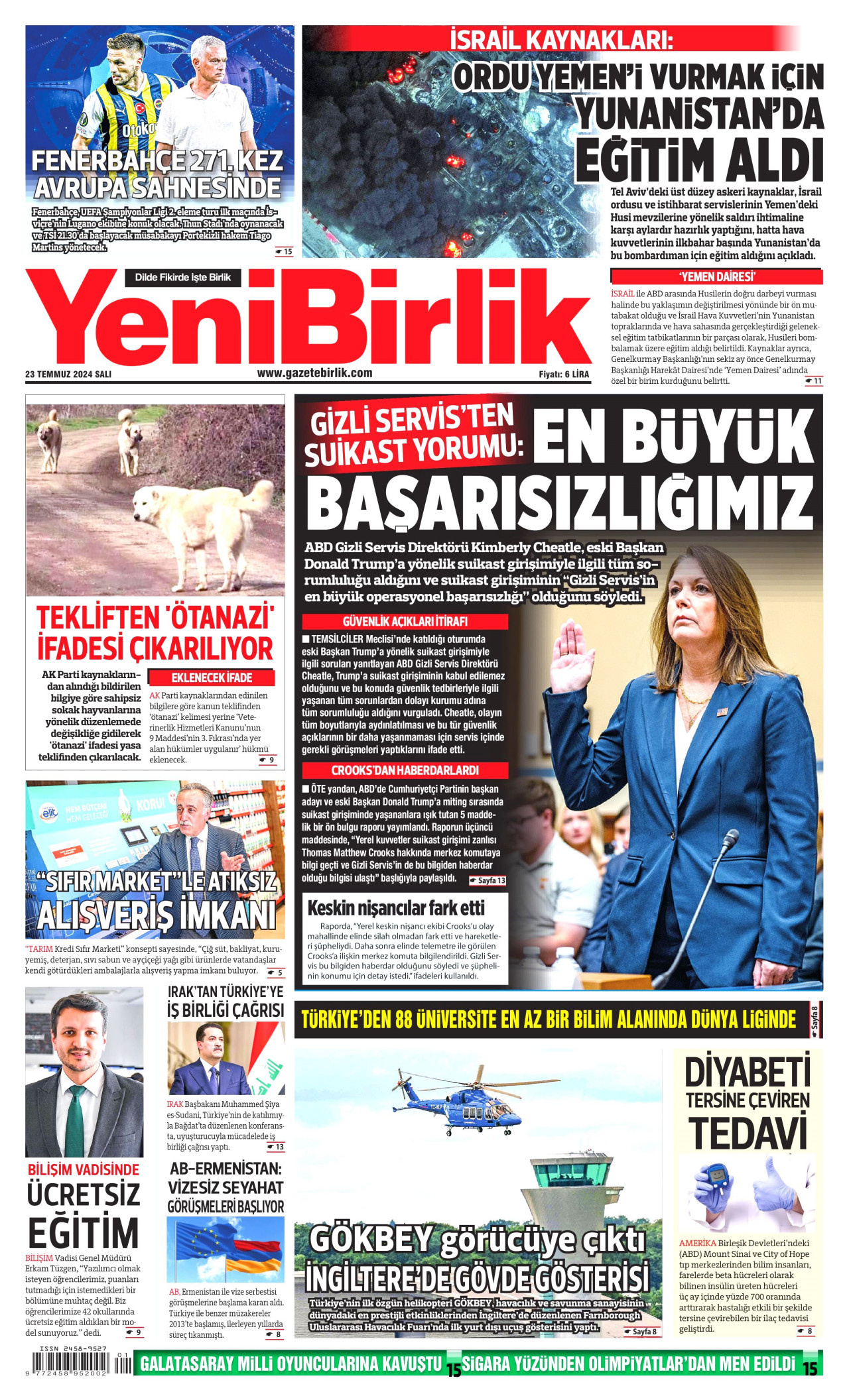 YENİBİRLİK 23 Temmuz 2024 Gazete Manşeti Büyük