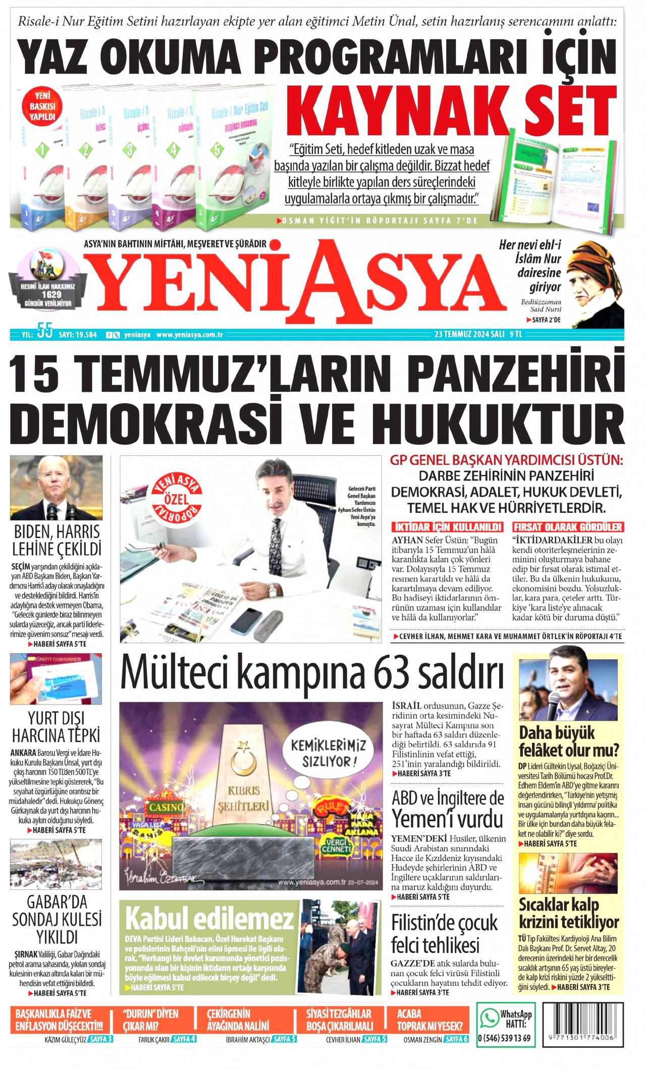 YENİ ASYA 23 Temmuz 2024 Gazete Manşeti Büyük