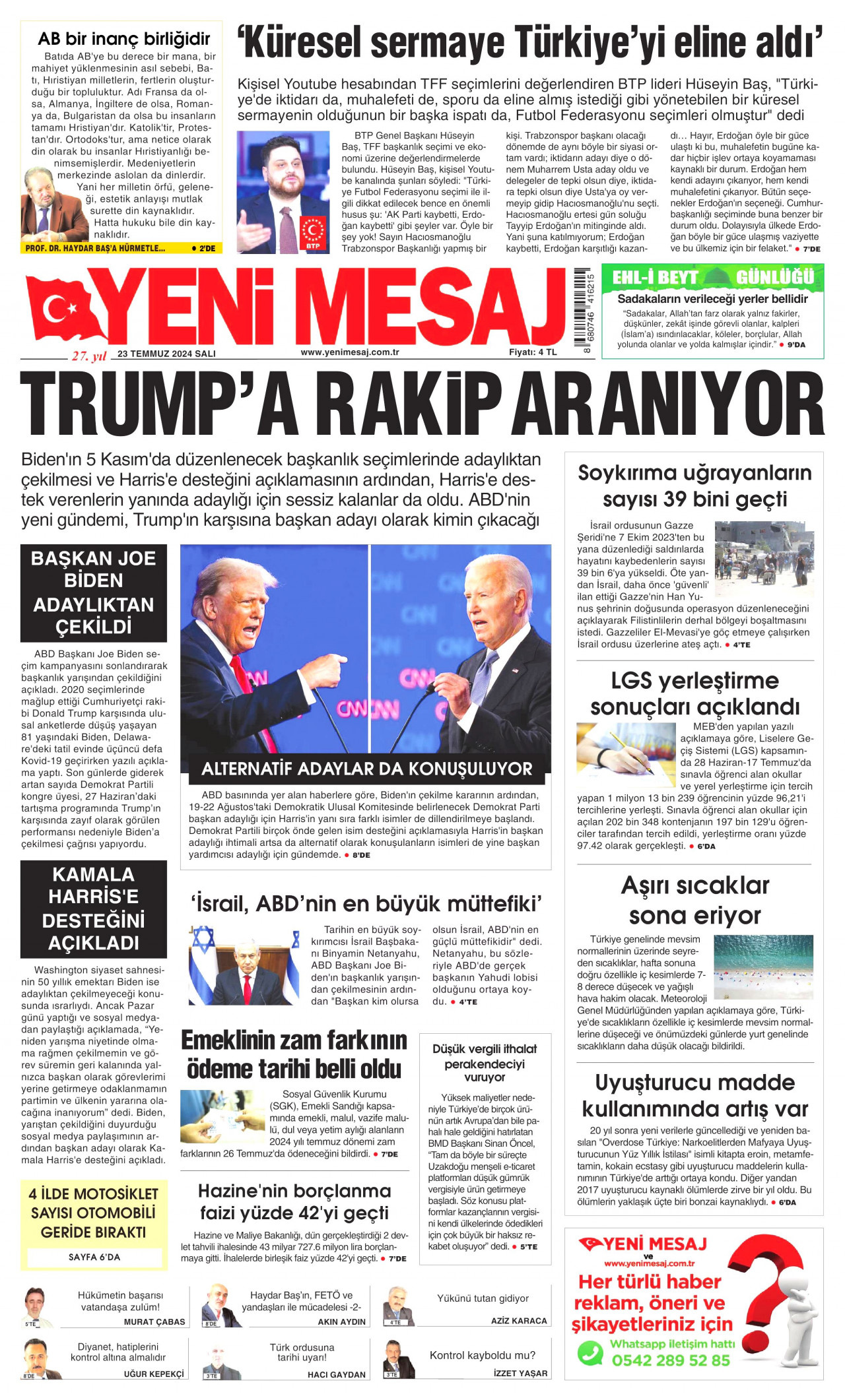 YENİ MESAJ 23 Temmuz 2024 Gazete Manşeti Büyük