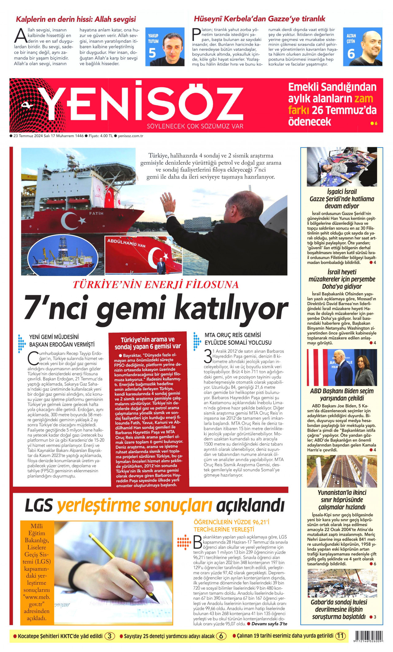 YENİ SÖZ GAZETESİ 23 Temmuz 2024 Gazete Manşeti Büyük