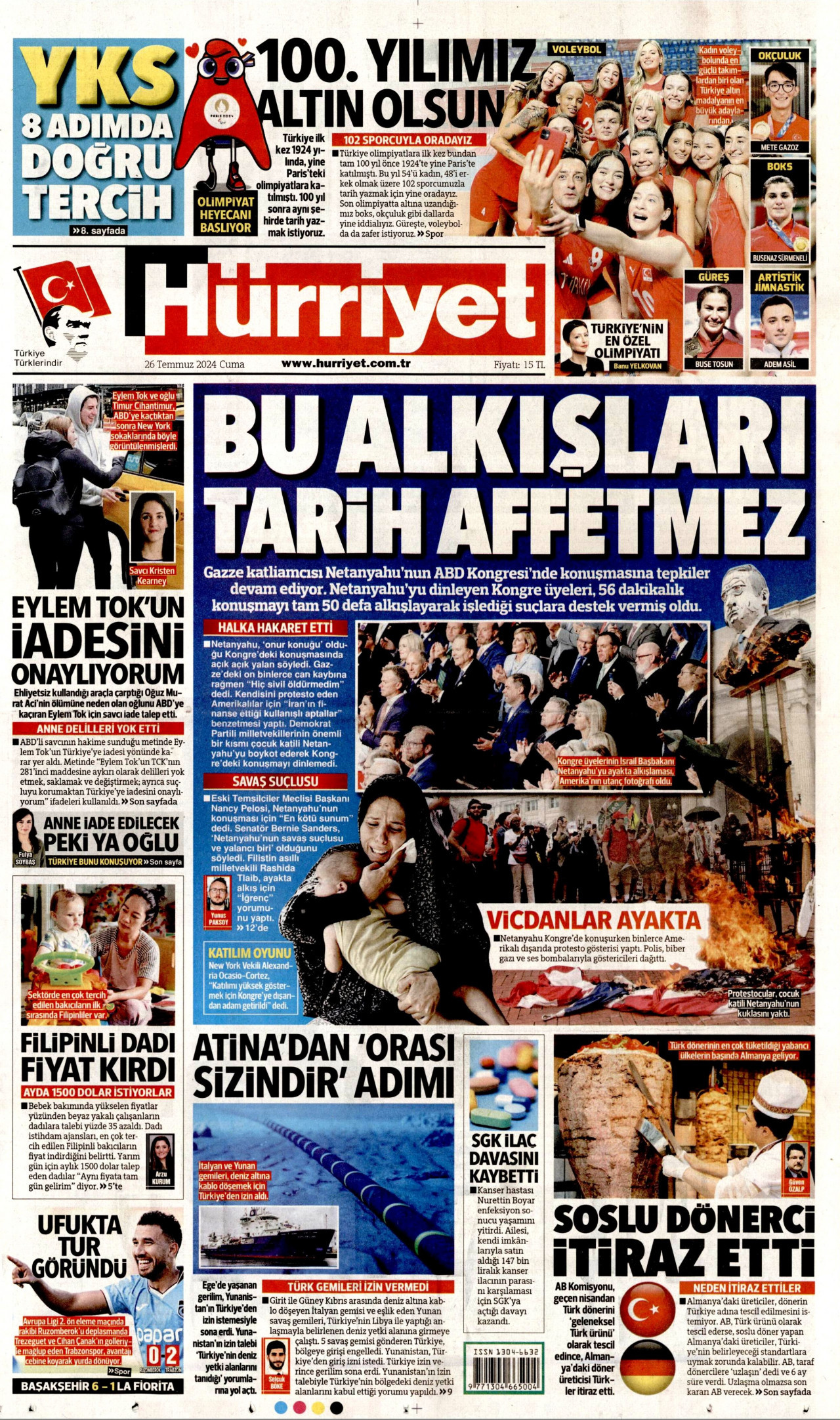 HÜRRİYET 26 Temmuz 2024 Gazete Manşeti Büyük