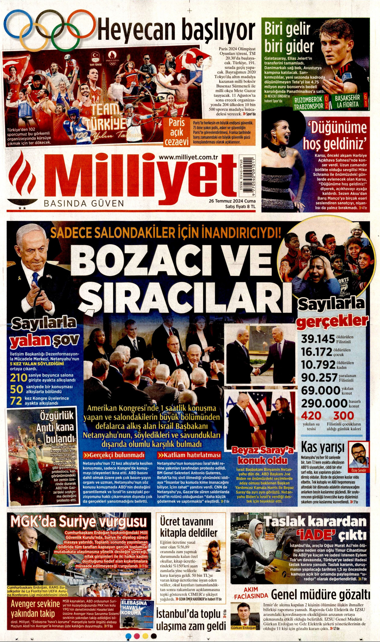 MİLLİYET 26 Temmuz 2024 Gazete Manşeti Büyük