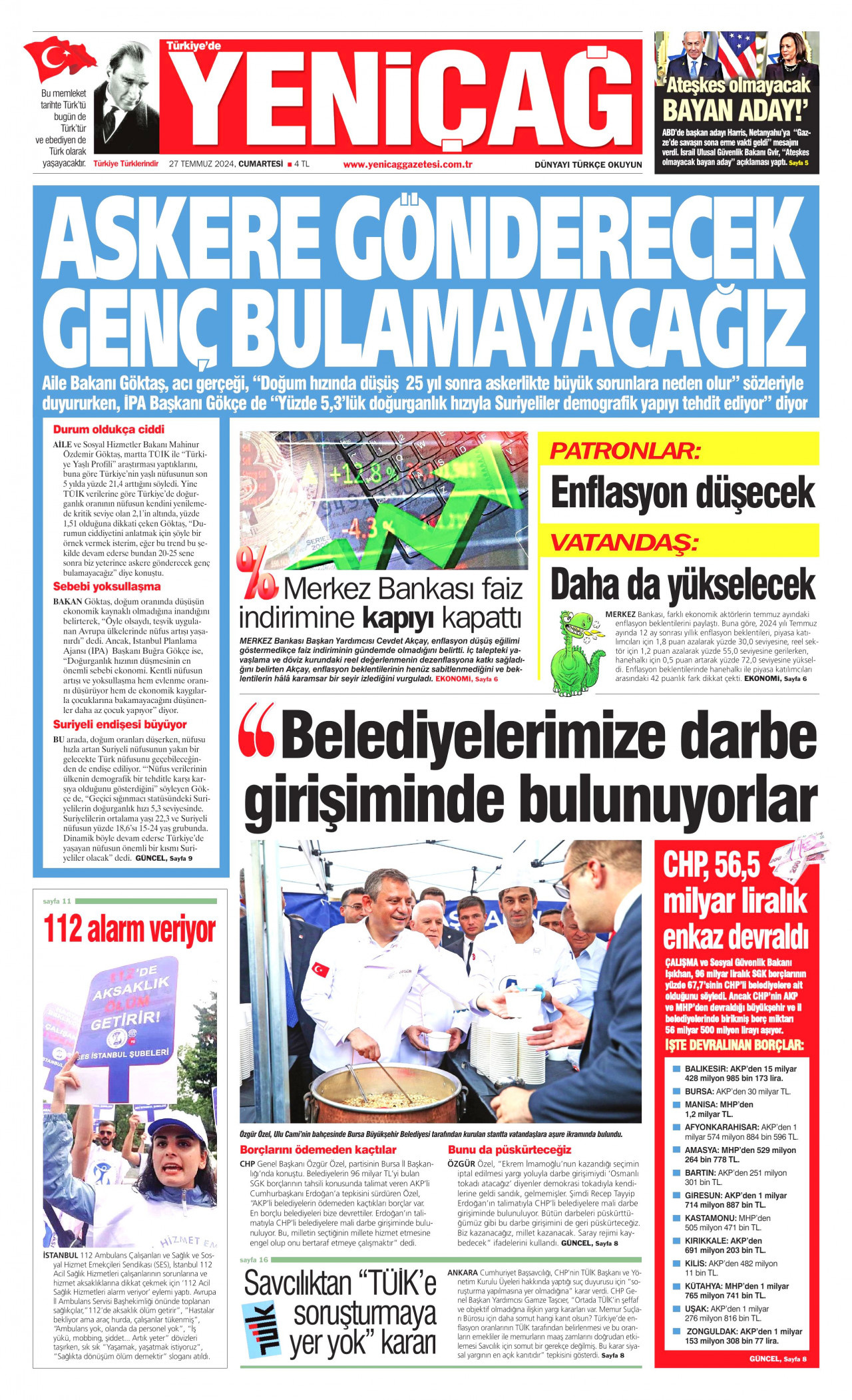 YENİÇAĞ 27 Temmuz 2024 Gazete Manşeti Büyük