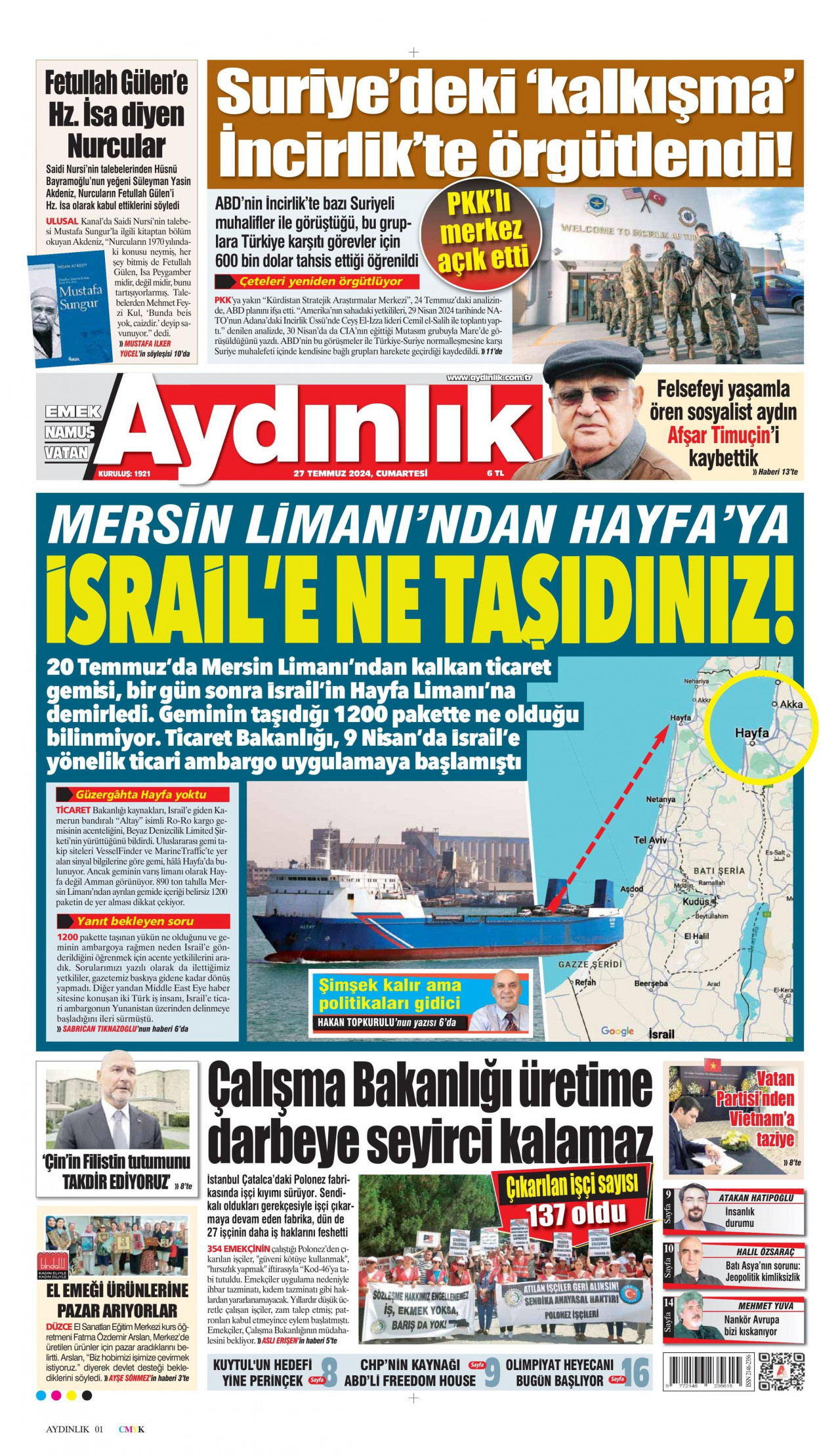 AYDINLIK GAZETESİ 27 Temmuz 2024 Gazete Manşeti Büyük