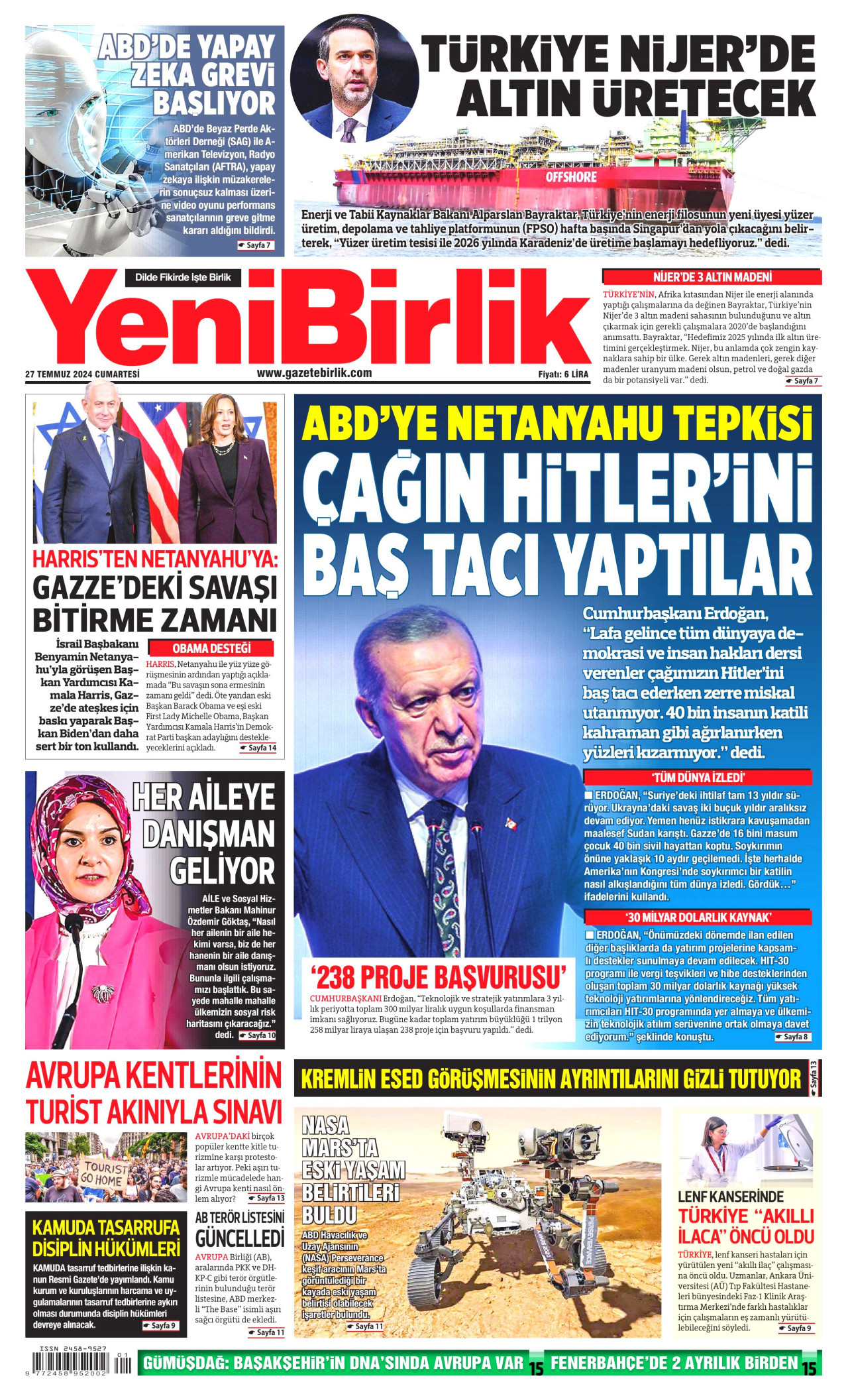 YENİBİRLİK 27 Temmuz 2024 Gazete Manşeti Büyük