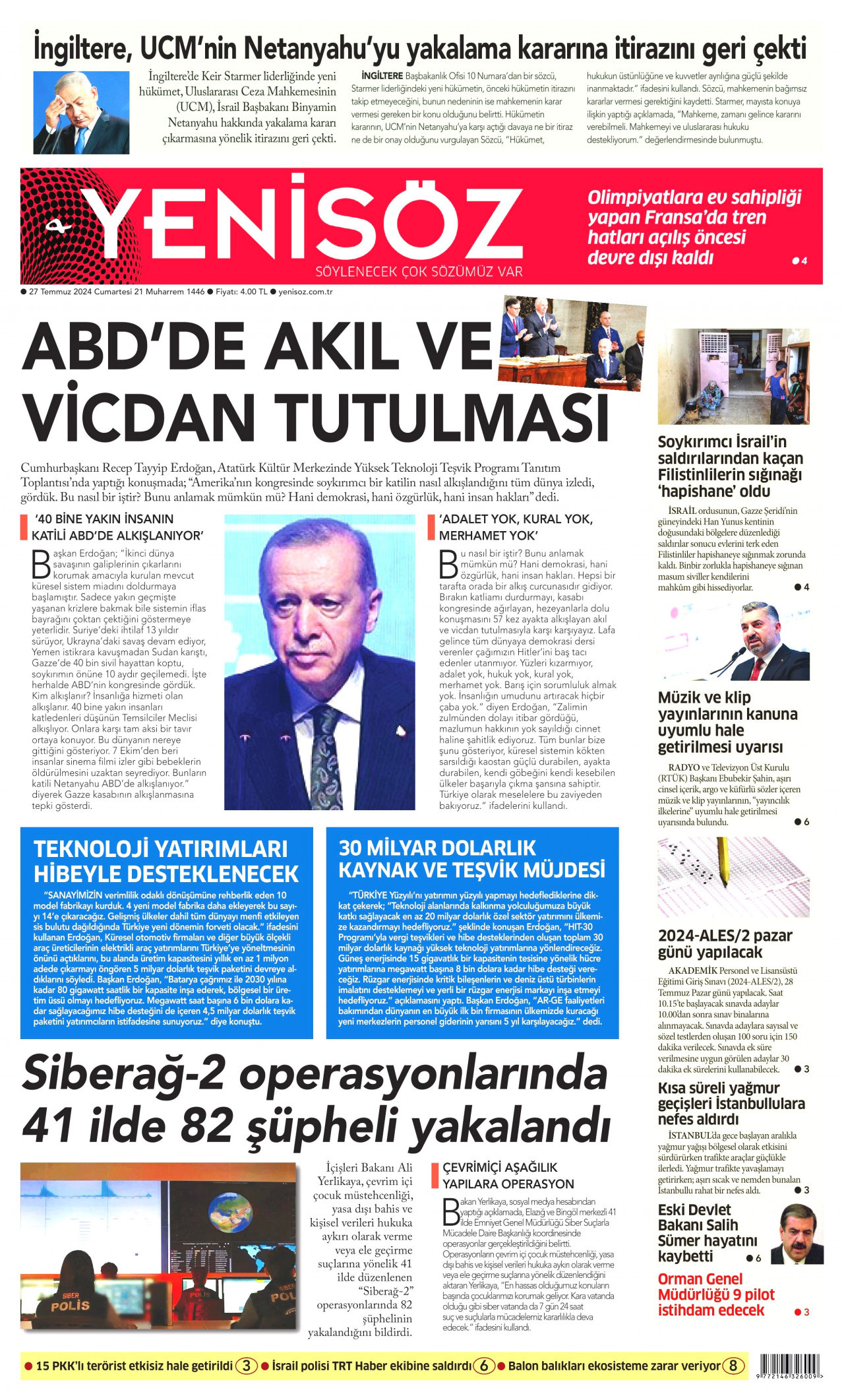 YENİ SÖZ GAZETESİ 27 Temmuz 2024 Gazete Manşeti Büyük