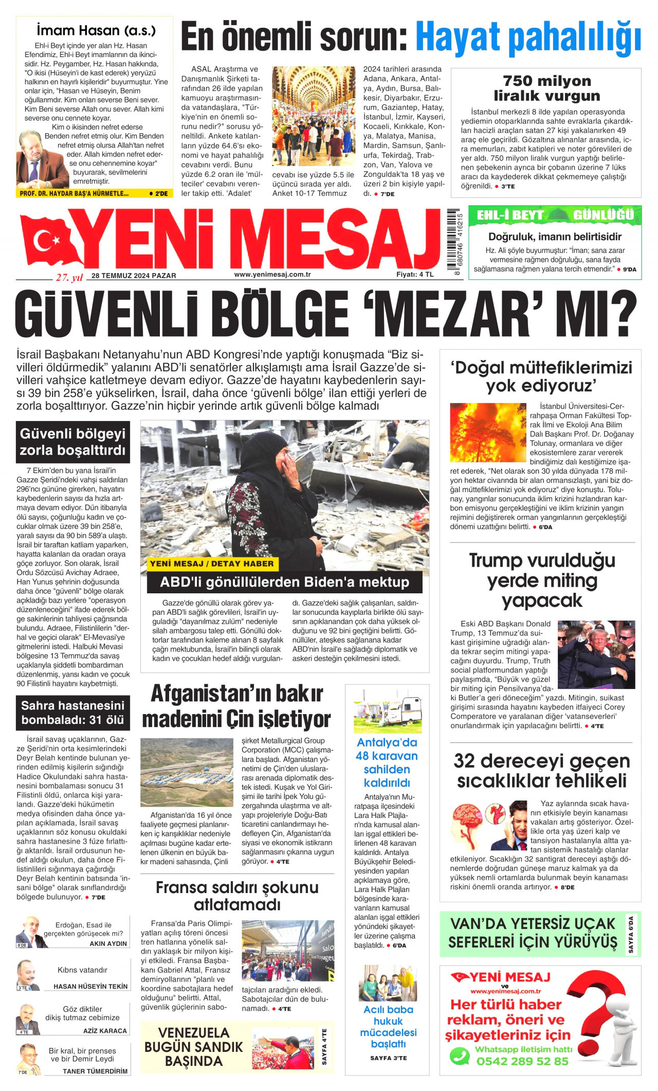 YENİ MESAJ 28 Temmuz 2024 Gazete Manşeti Büyük