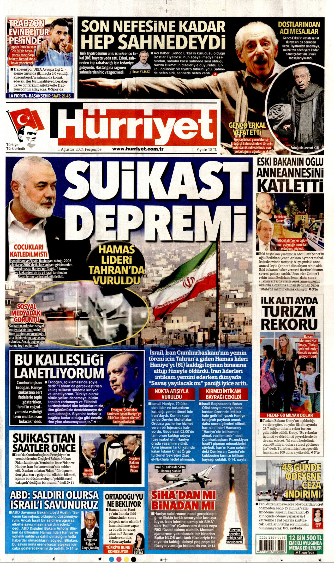 HÜRRİYET 1 Ağustos 2024 Gazete Manşeti Büyük