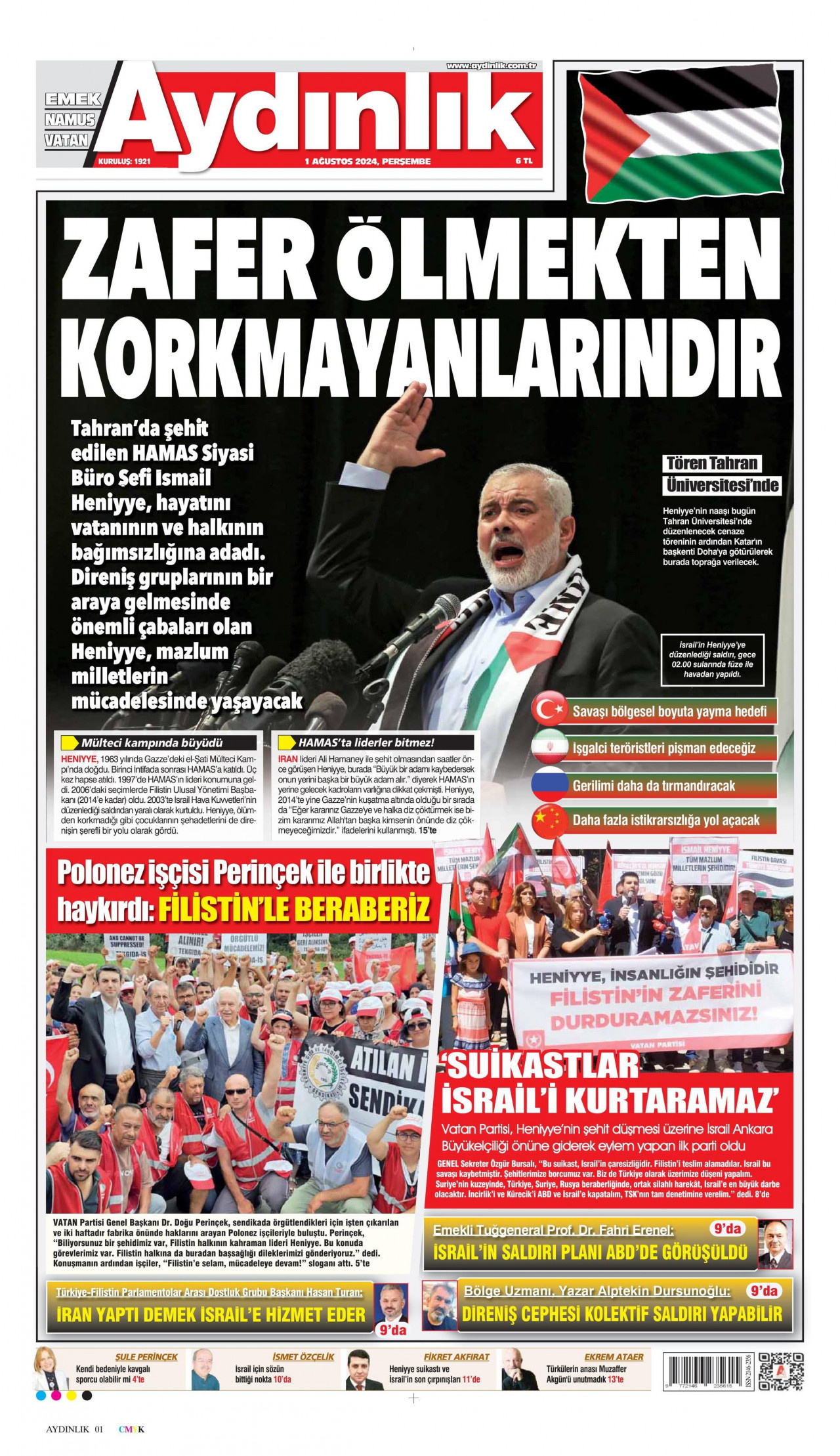 AYDINLIK GAZETESİ 1 Ağustos 2024 Gazete Manşeti Büyük