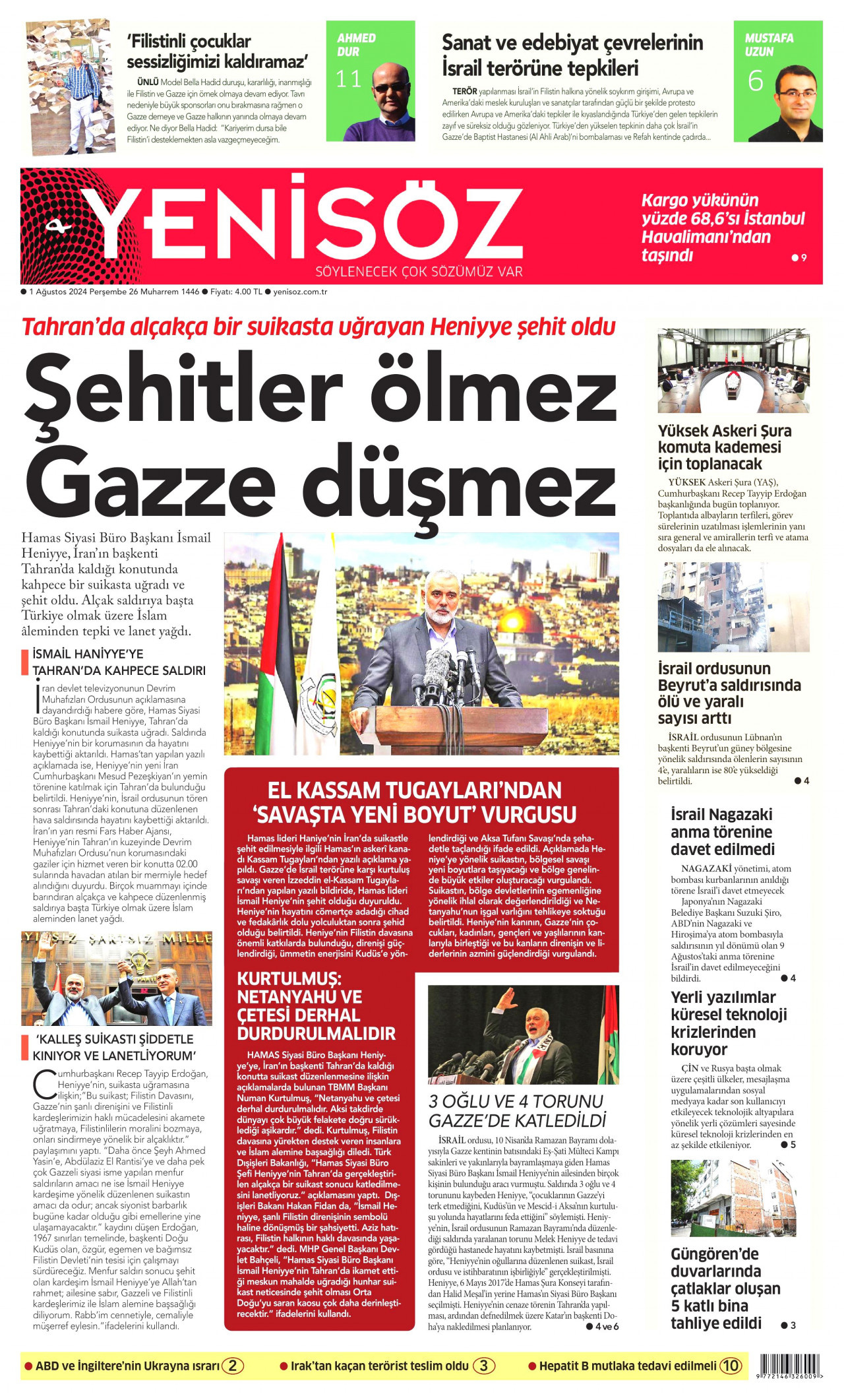 YENİ SÖZ GAZETESİ 1 Ağustos 2024 Gazete Manşeti Büyük