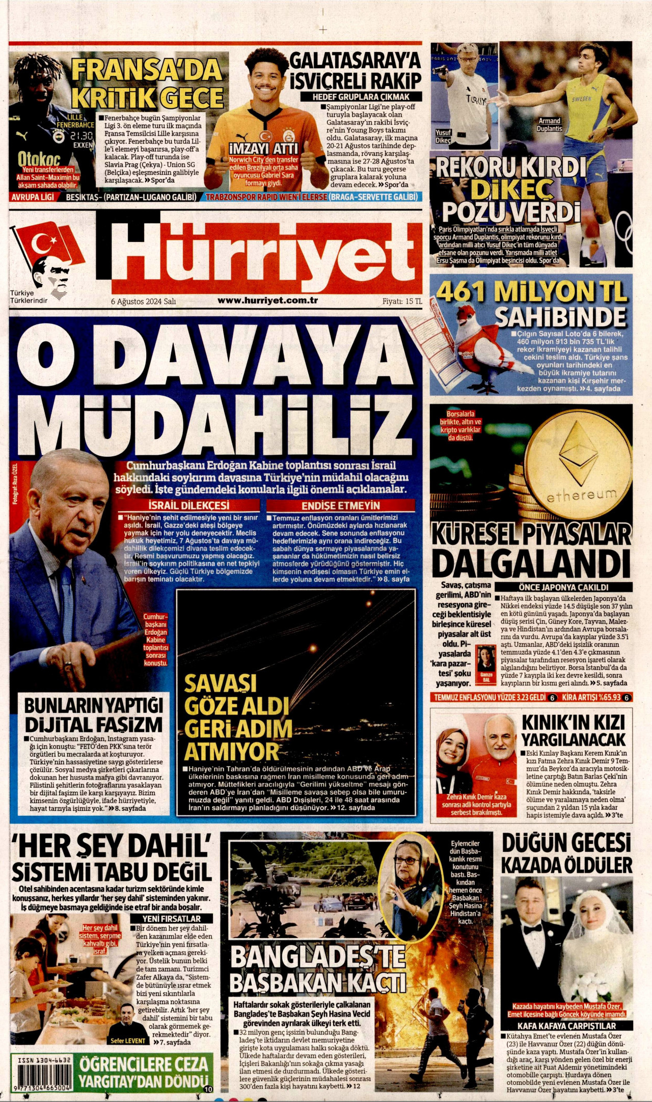 HÜRRİYET 6 Ağustos 2024 Gazete Manşeti Büyük