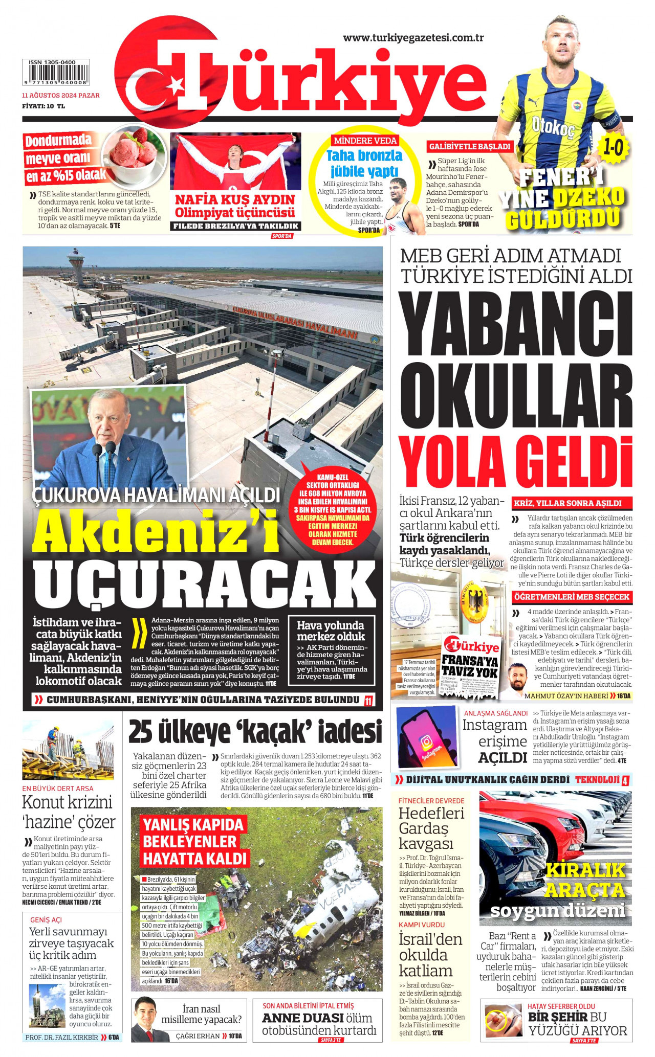 TÜRKİYE GAZETESİ 11 Ağustos 2024 Gazete Manşeti Büyük