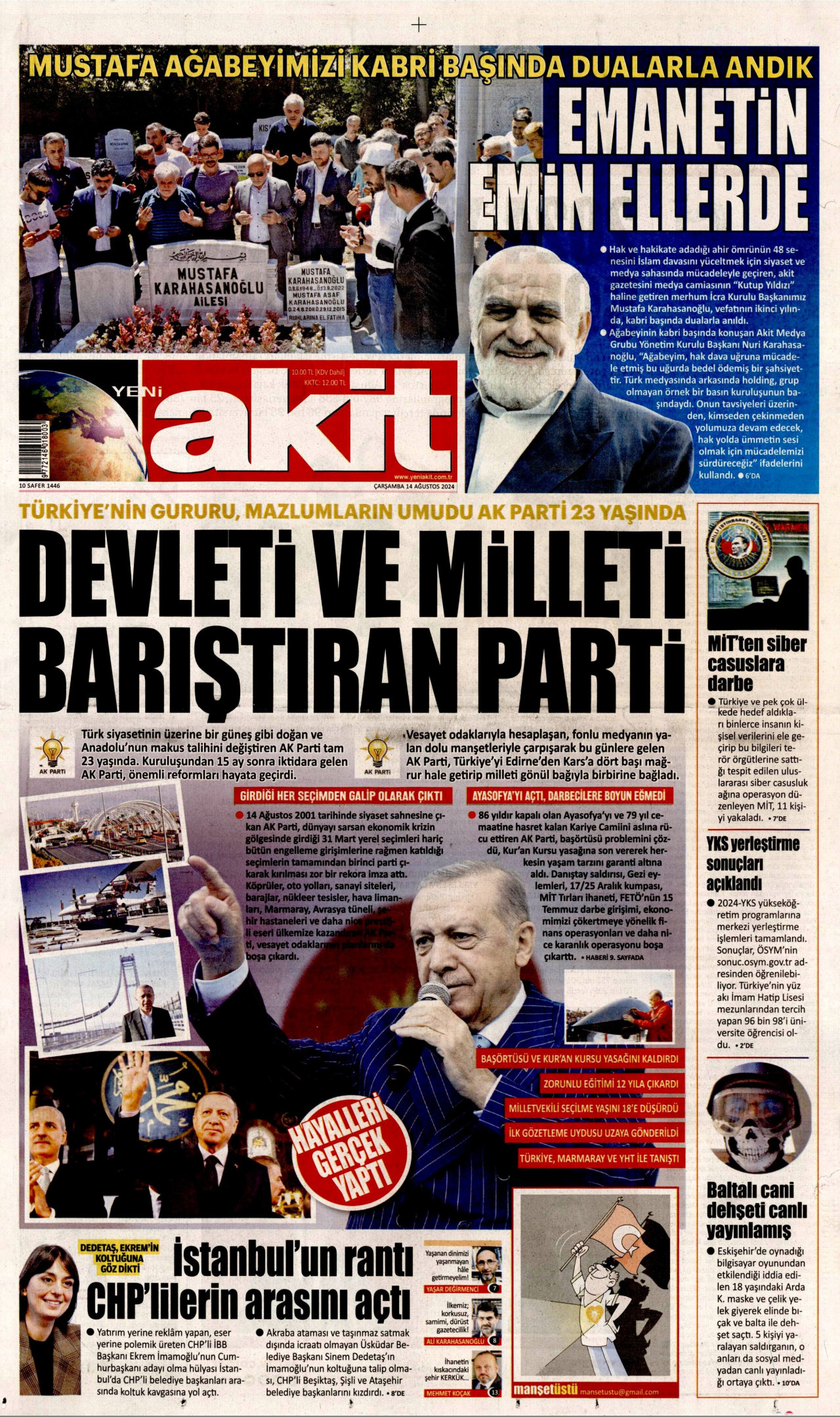 YENİ AKİT 14 Ağustos 2024 Gazete Manşeti Büyük