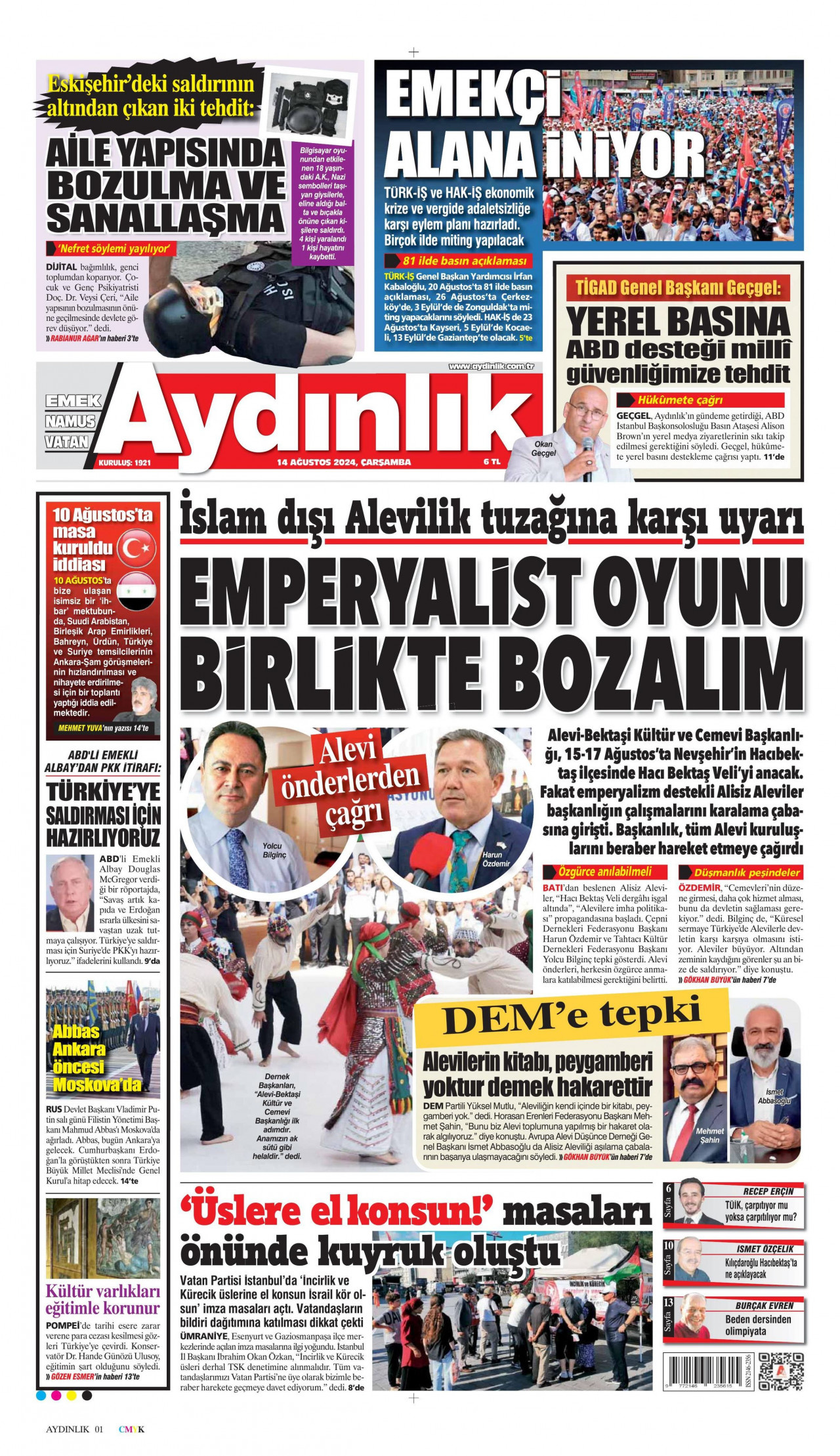 AYDINLIK GAZETESİ 14 Ağustos 2024 Gazete Manşeti Büyük