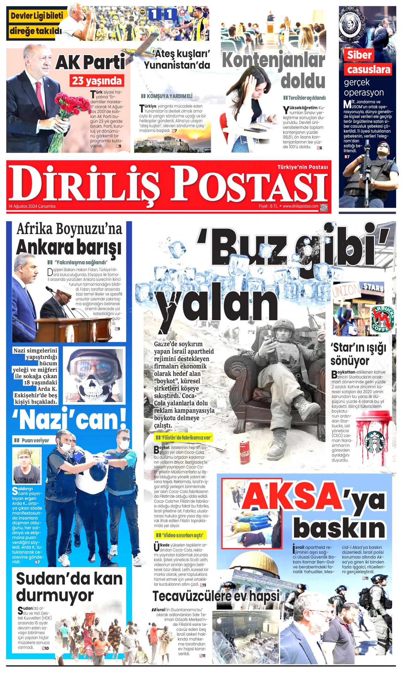 DİRİLİŞ POSTASI 14 Ağustos 2024 Gazete Manşeti Büyük