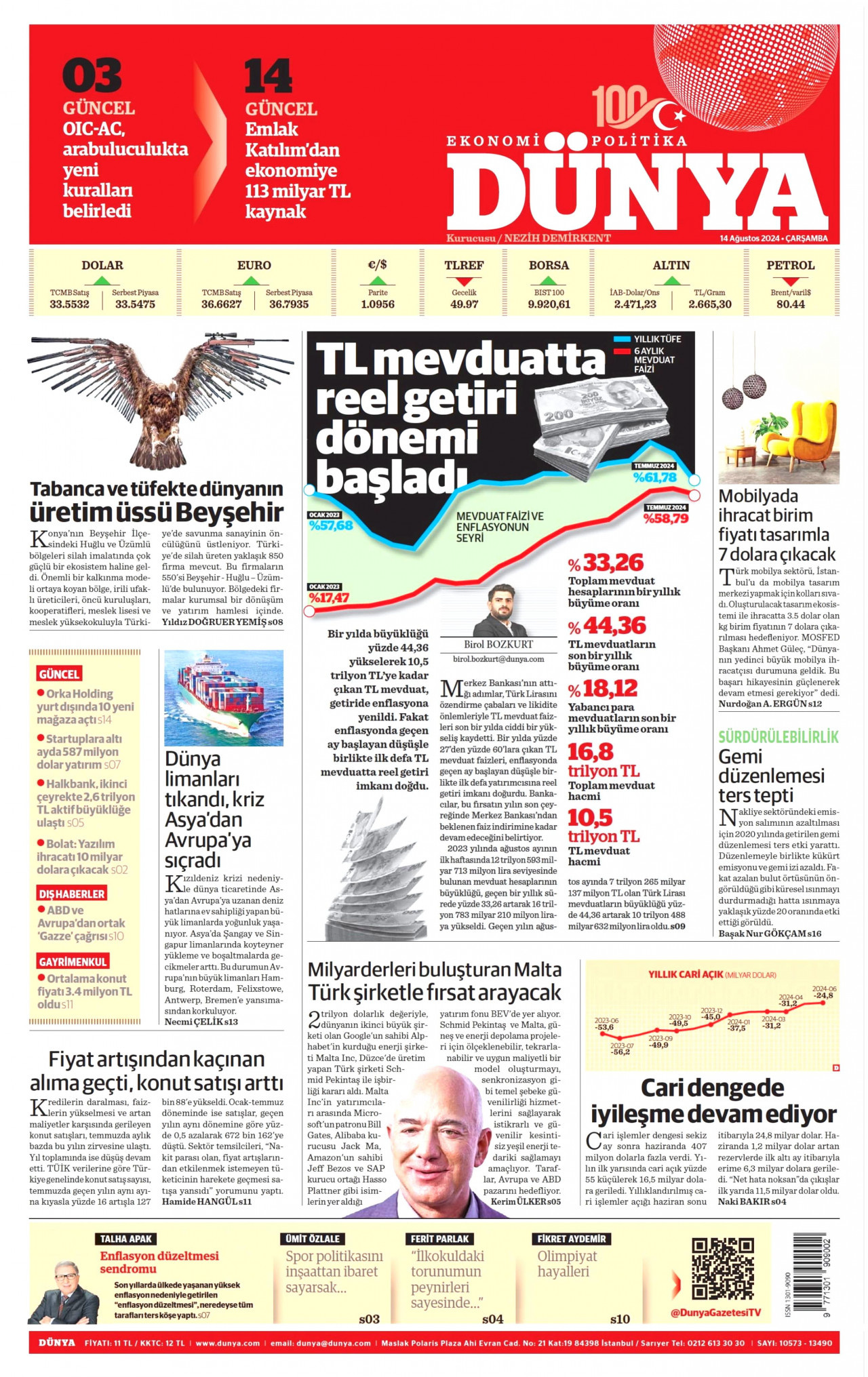 DÜNYA 14 Ağustos 2024 Gazete Manşeti Büyük