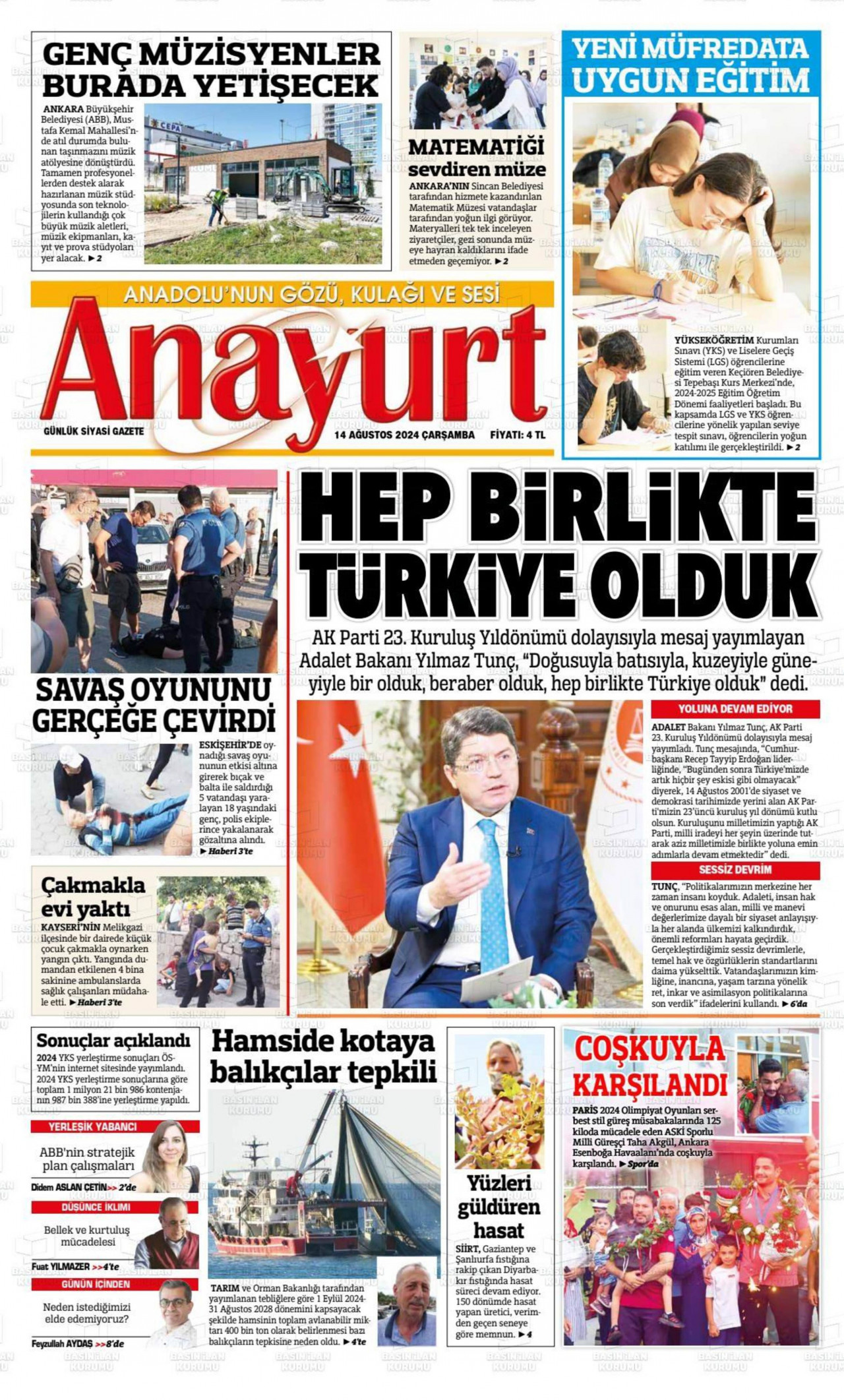 ANAYURT 14 Ağustos 2024 Gazete Manşeti Büyük