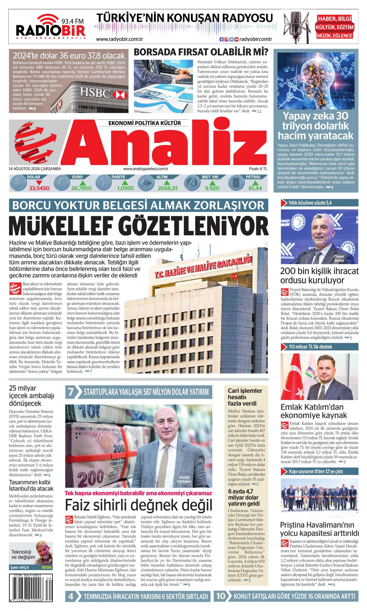 ANALİZ 14 Ağustos 2024 Gazete Manşeti Büyük