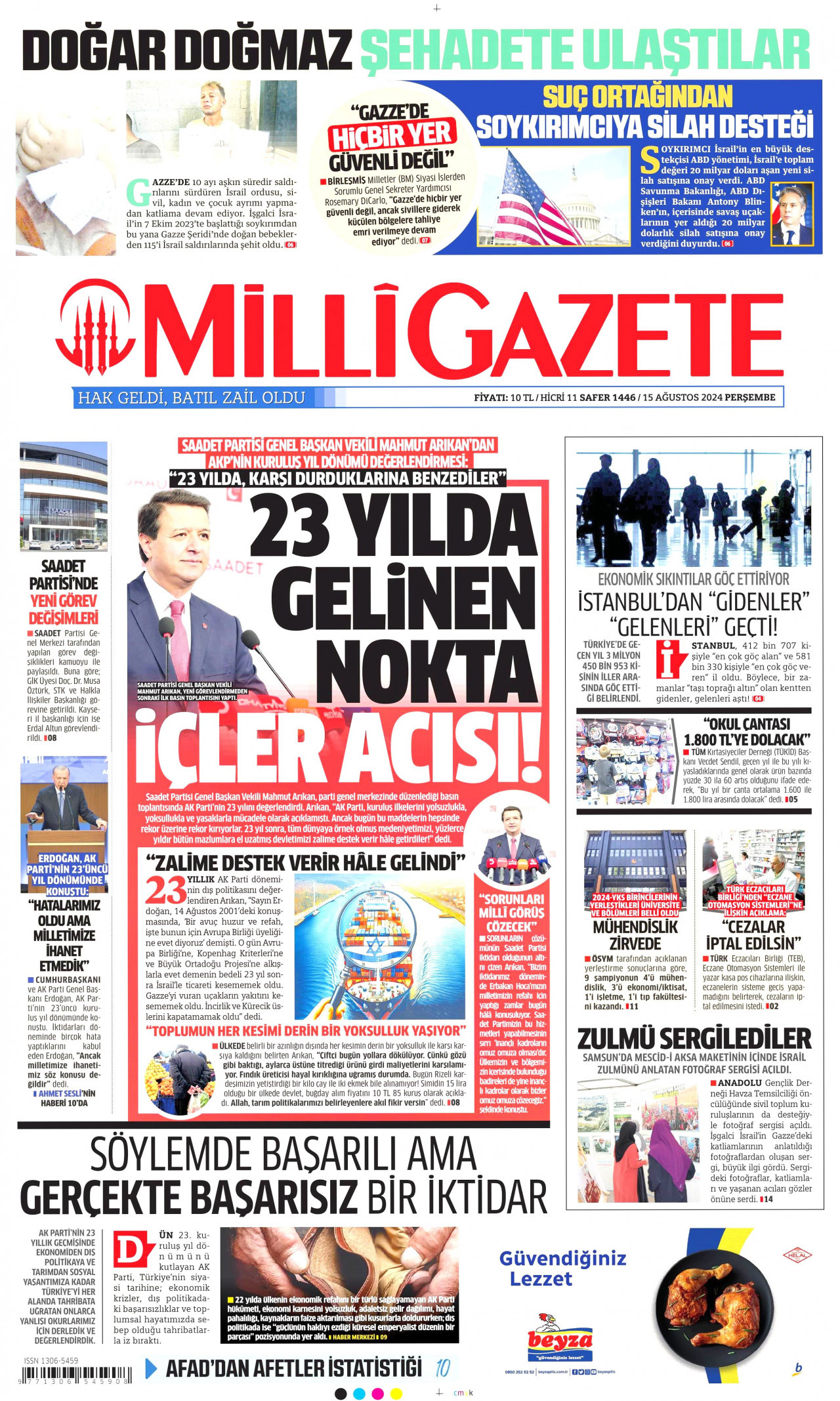 MİLLİ GAZETE 15 Ağustos 2024 Gazete Manşeti Büyük