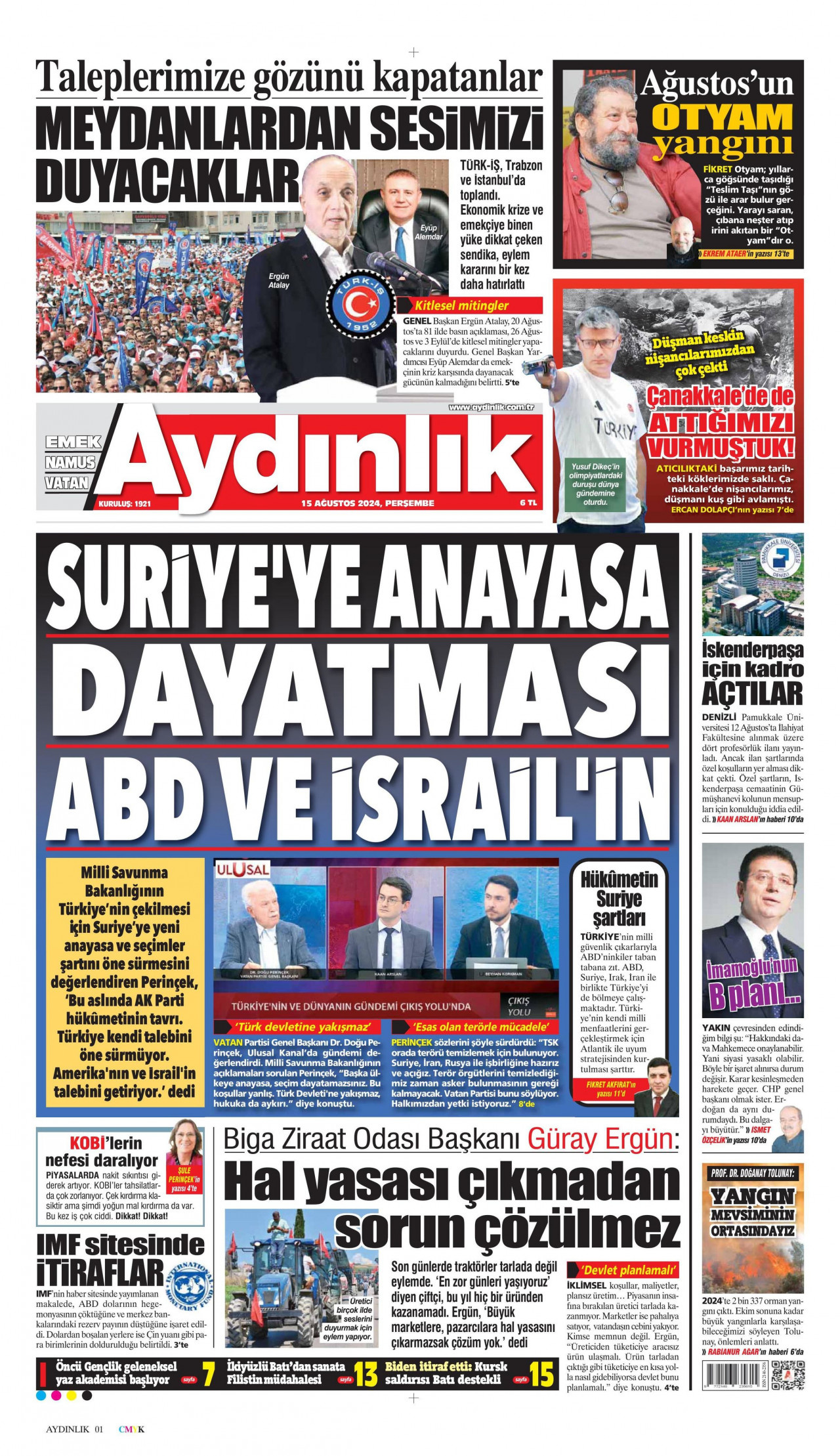 AYDINLIK GAZETESİ 15 Ağustos 2024 Gazete Manşeti Büyük