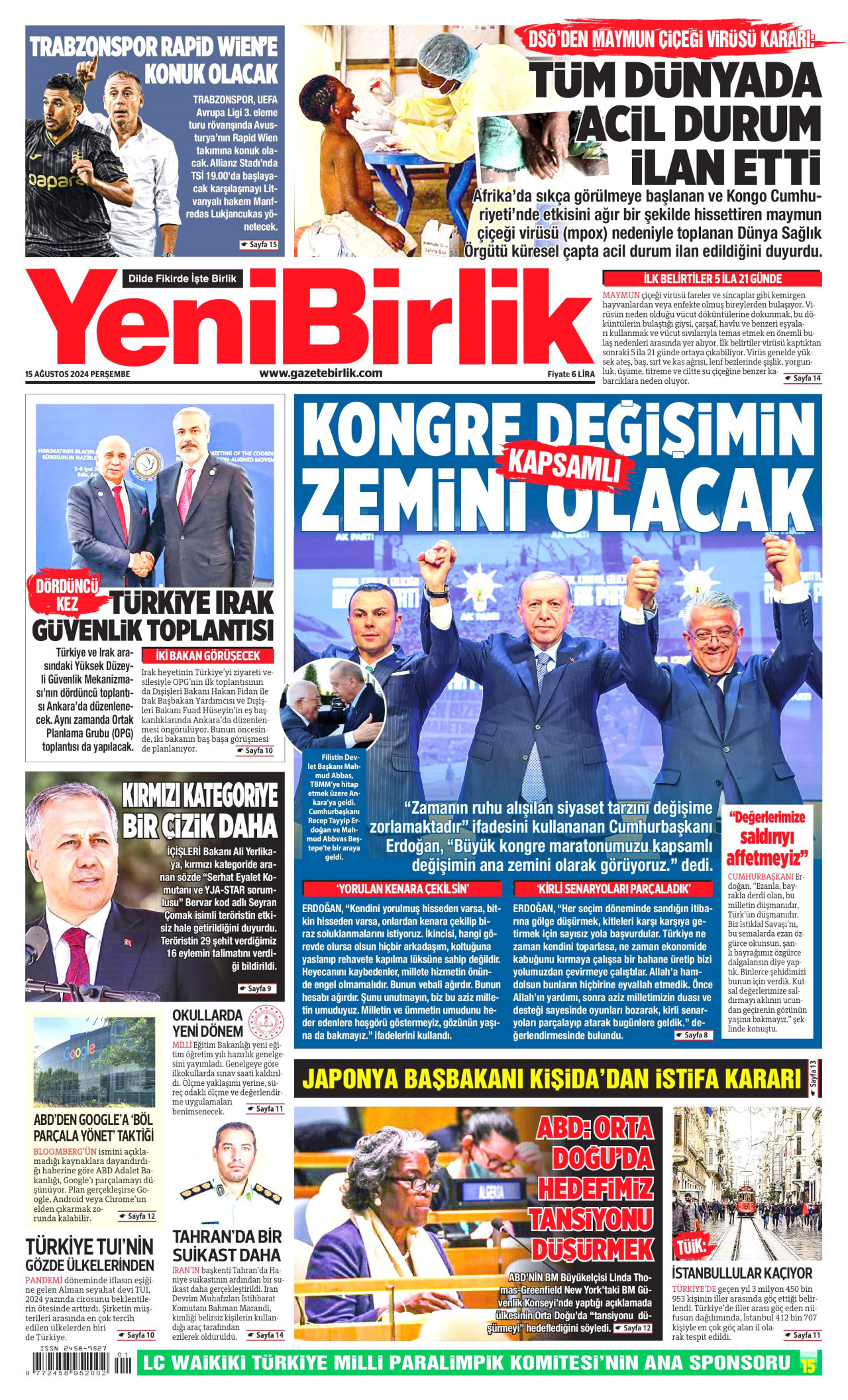 YENİBİRLİK 15 Ağustos 2024 Gazete Manşeti Büyük