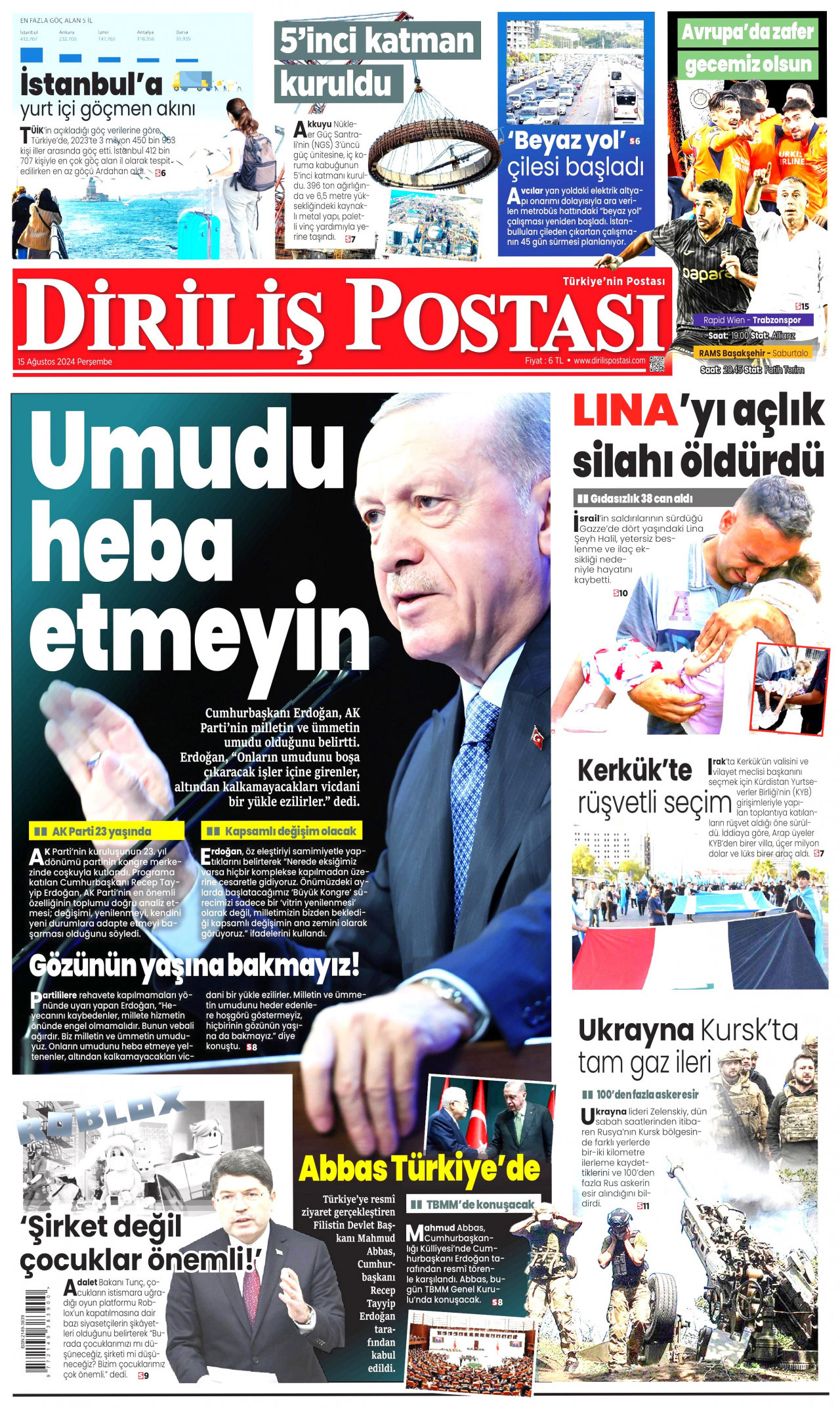 DİRİLİŞ POSTASI 15 Ağustos 2024 Gazete Manşeti Büyük