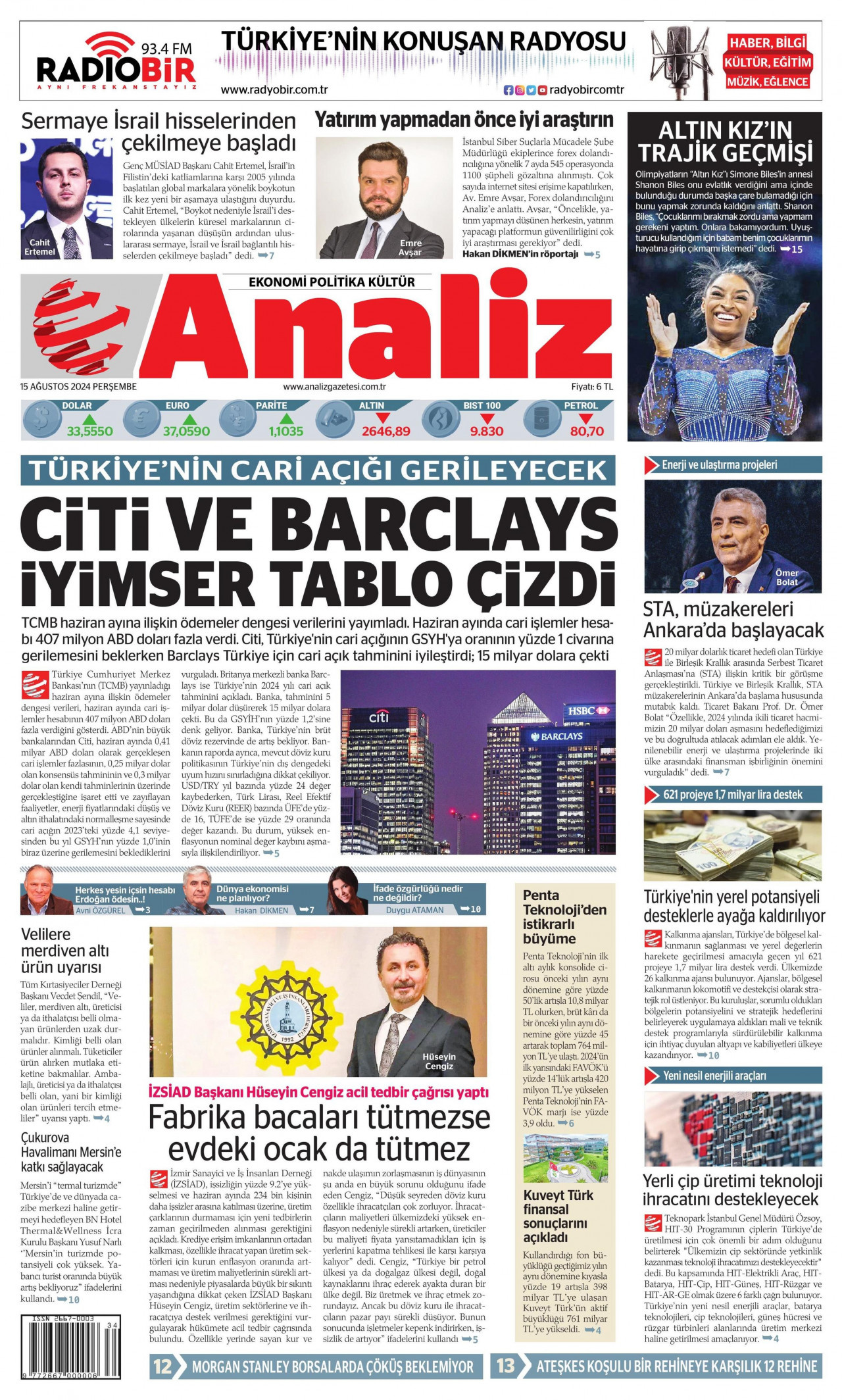 ANALİZ 15 Ağustos 2024 Gazete Manşeti Büyük