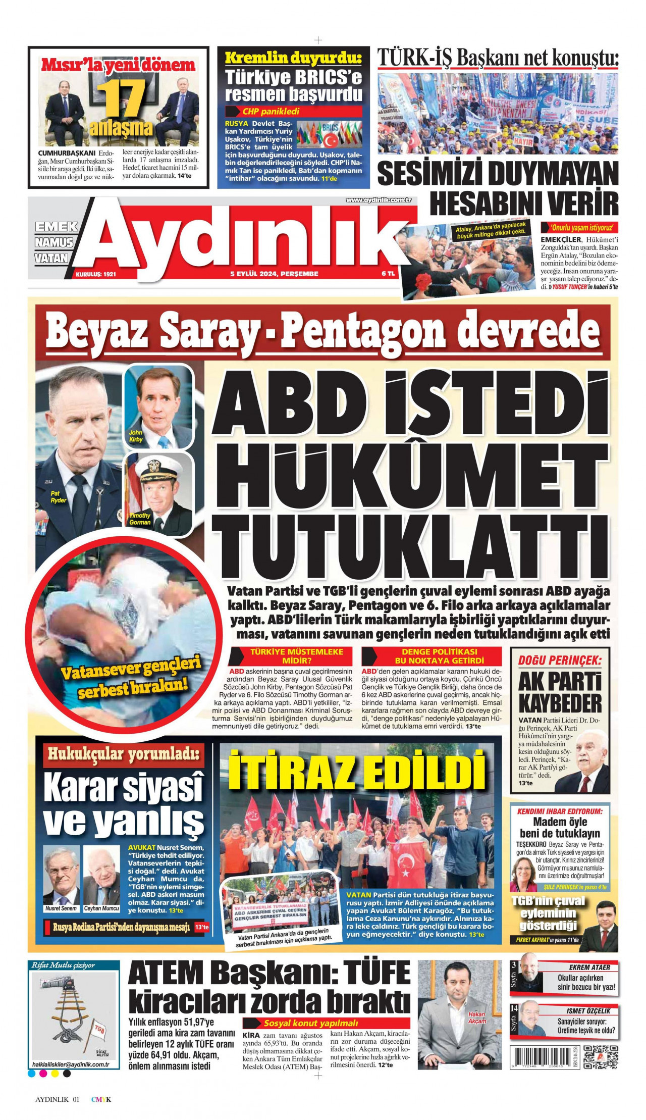 AYDINLIK GAZETESİ 5 Eylül 2024 Gazete Manşeti Büyük